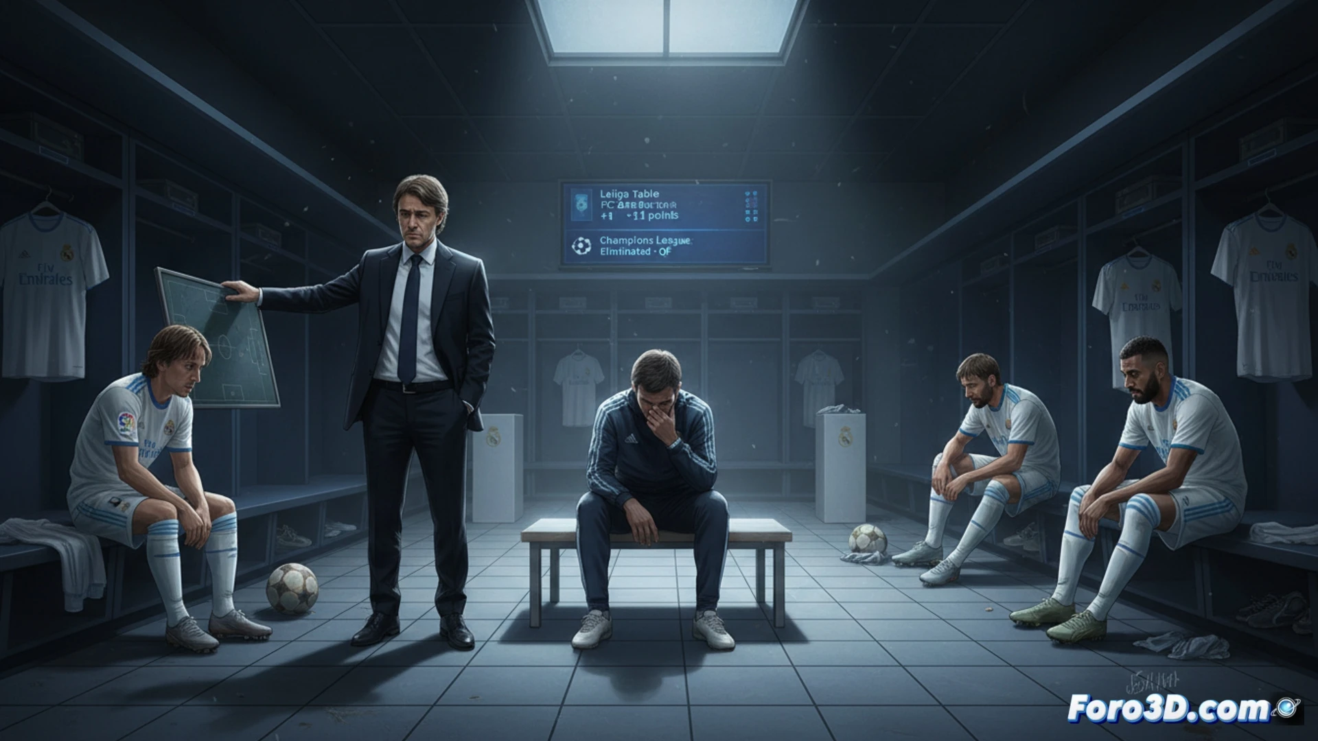 Descripción: Un estadio Santiago Bernabéu vacío y sombrío, con el escudo del Real Madrid opaco y una copa rota en primer plano, simbolizando la sequía de títulos y la crisis del proyecto 2026.