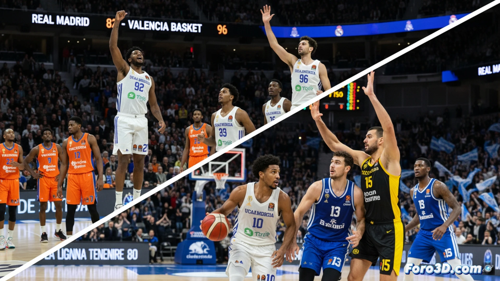 Accion del Real Madrid anotando ante Valencia Basket, mientras UCAM Murcia celebra su victoria en la tabla.
