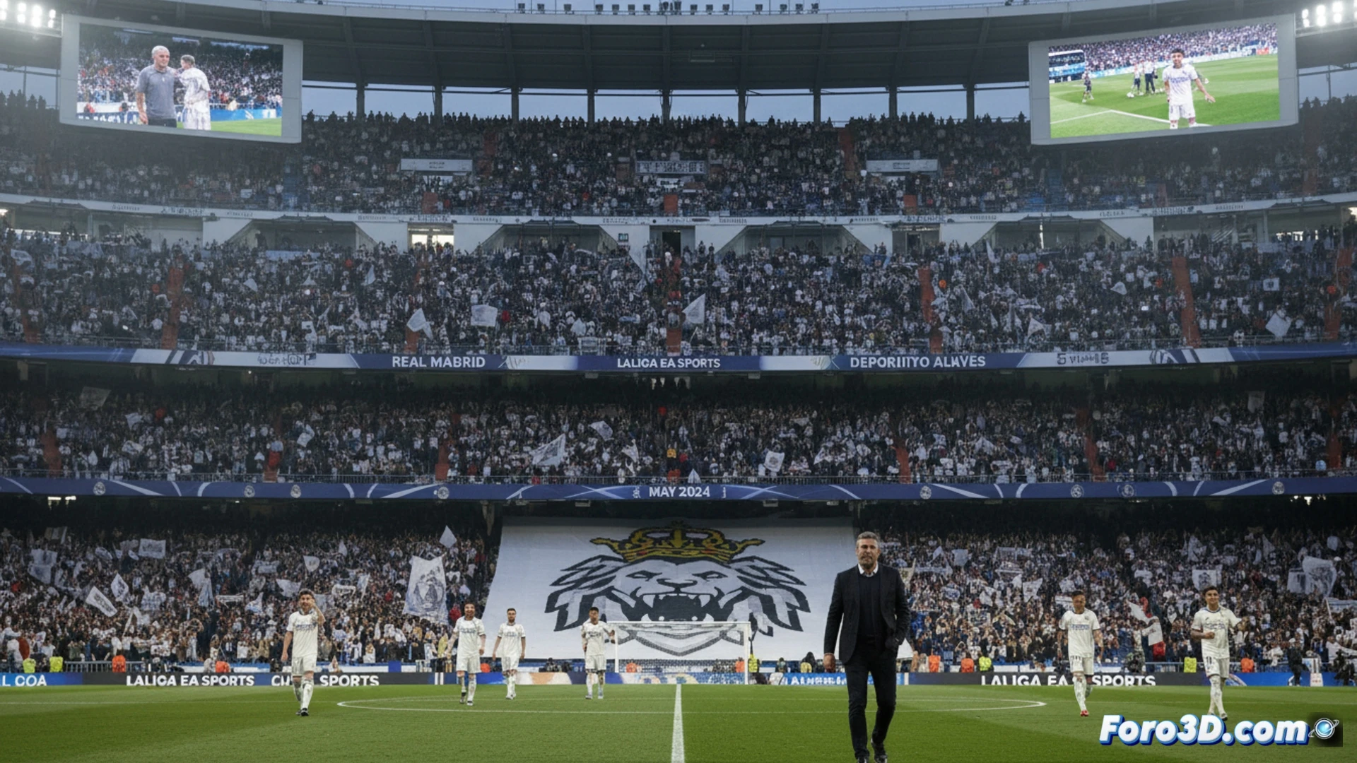 Un jugador del Real Madrid, con gesto de determinación, observa el campo del Santiago Bernabéu antes del partido contra el Alavés.