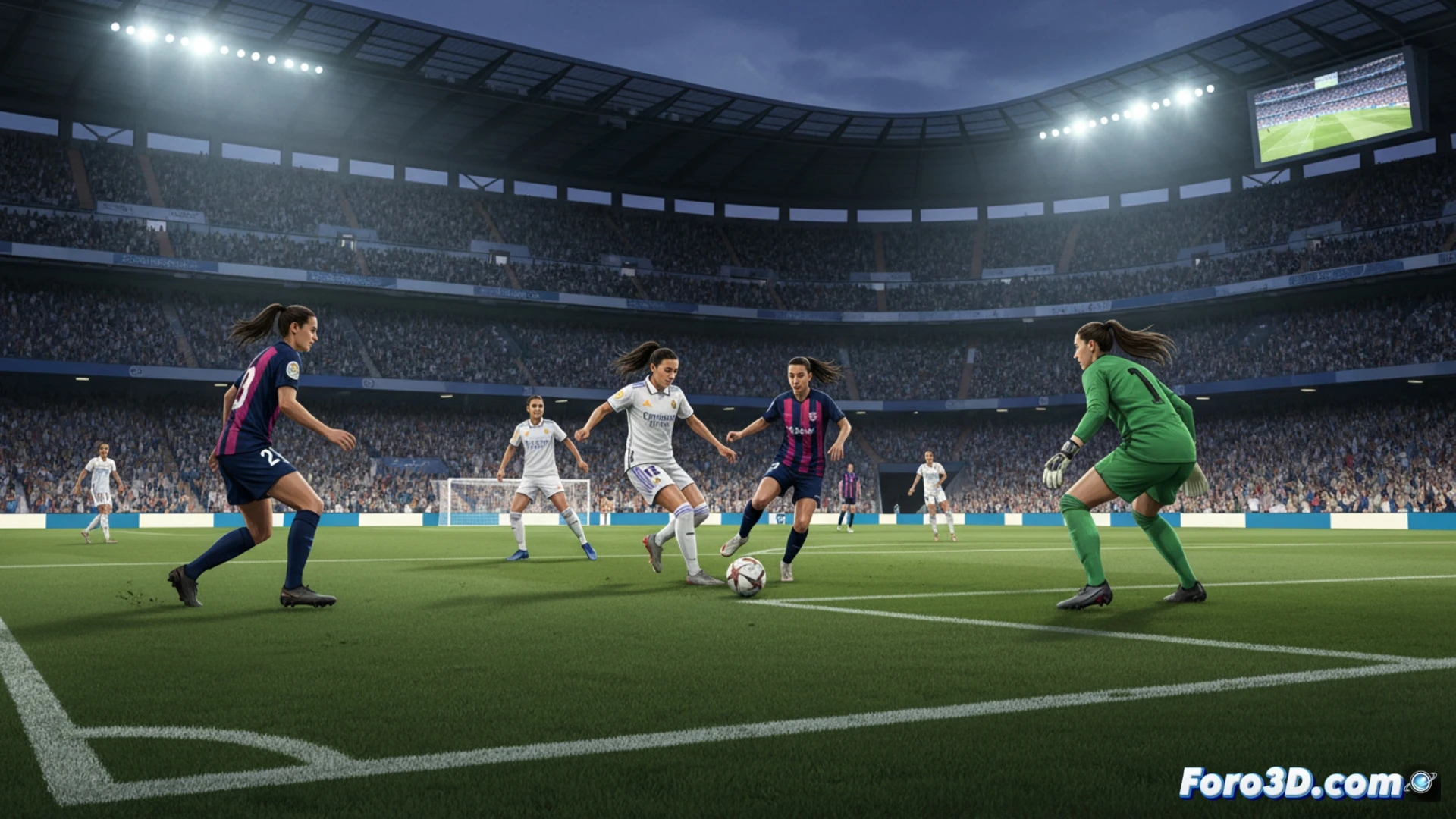 Un estadio de fútbol iluminado. Jugadoras del Real Madrid (blanco) atacan contra el Madrid CFF (azul) en un partido de liga femenina, con público en las gradas.