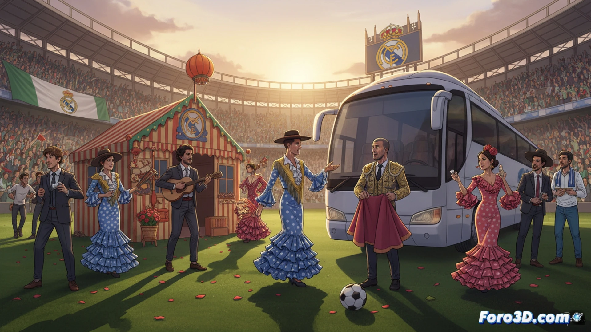 Una vista vacía del Benito Villamarín: aficionados dispersos, jugadores del Real Madrid caminando sin ímpetu, mientras un cartel de la Feria de Abril asoma al fondo.