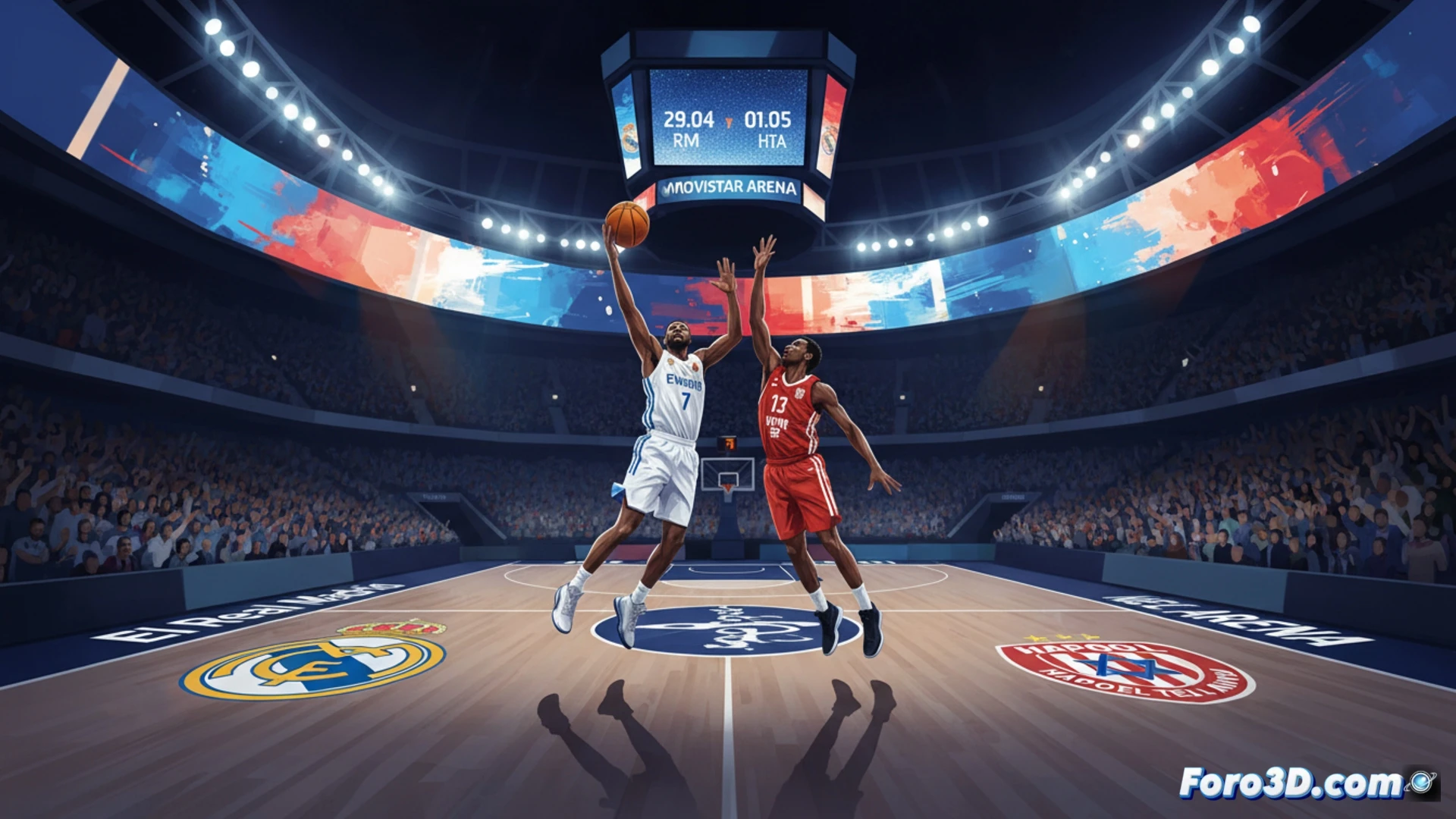 Duelo en cuartos de la Euroliga: jugadores del Real Madrid y Hapoel Tel Aviv luchan por el balón bajo los focos del Movistar Arena.