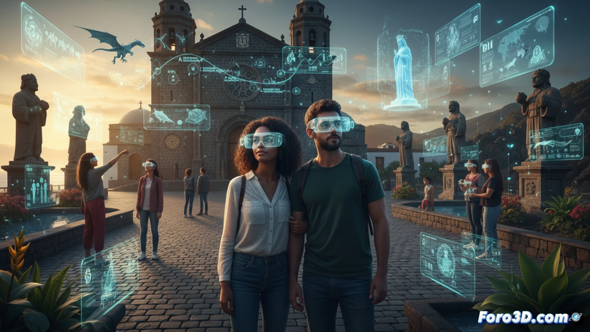 Visitante usando su móvil con realidad aumentada para ver información digital superpuesta sobre una estatua y establecimientos en Candelaria.