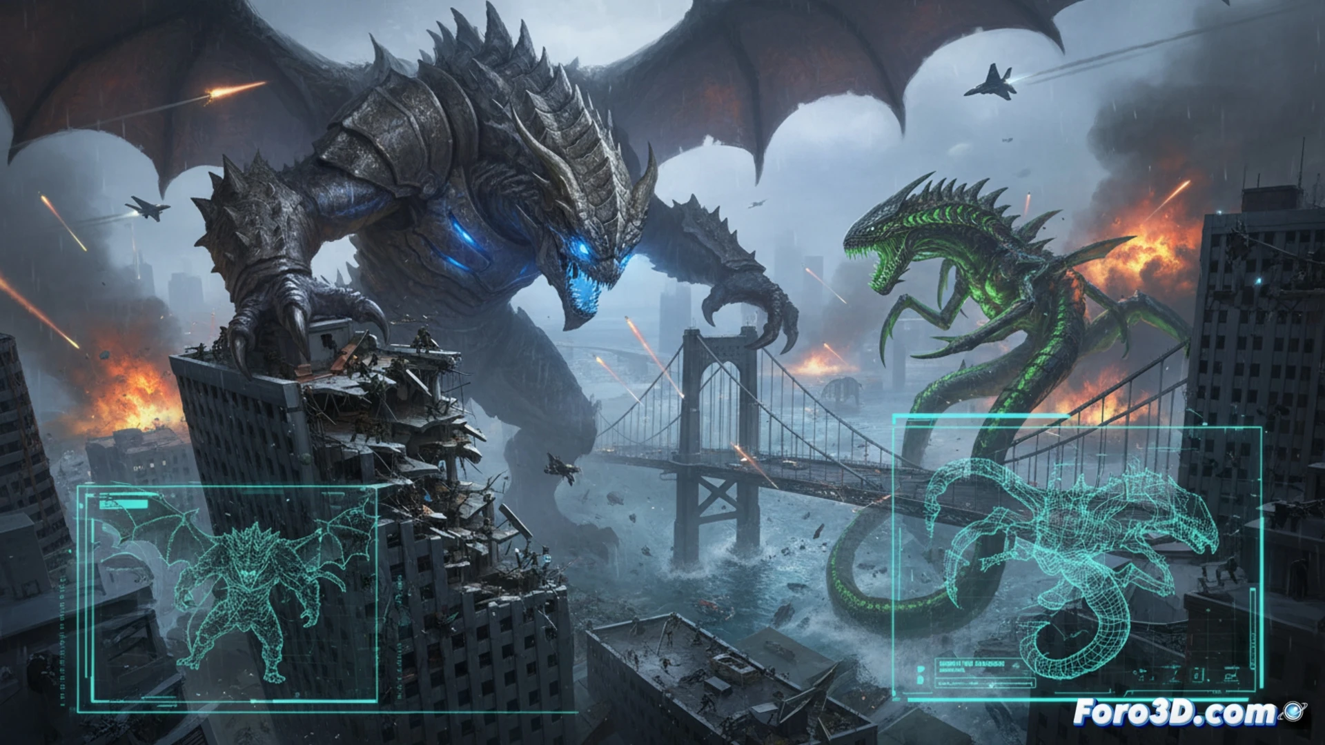 Supervisor de VFX usando gafas de realidad aumentada para visualizar un kaiju digital en un set de filmación.