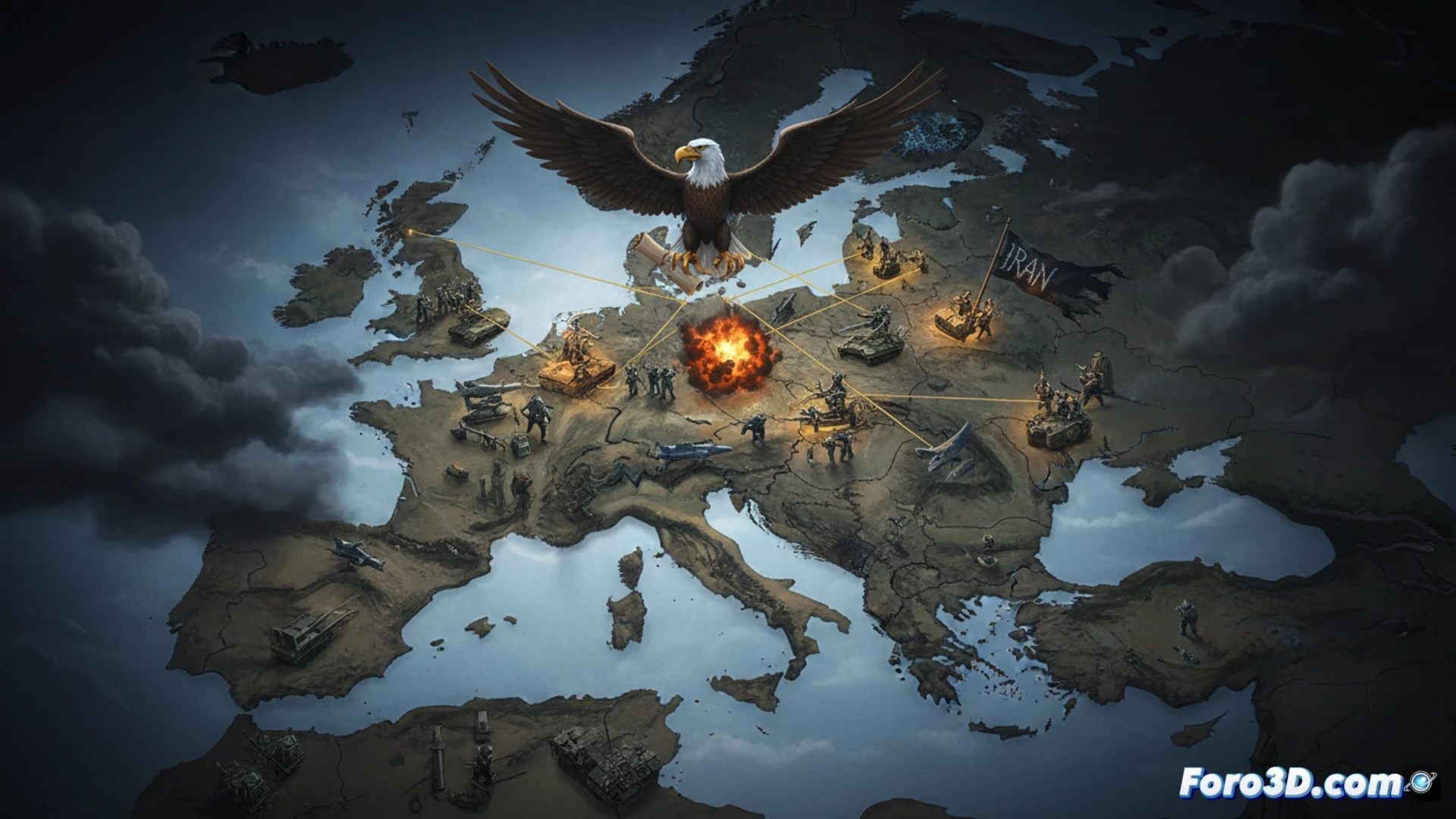 Un mapa de Europa con banderas de EE.UU. moviéndose hacia aliados clave y alejándose de otros países.