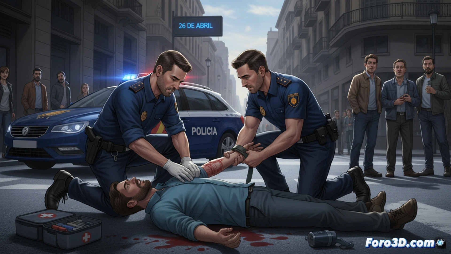 Reconstruccion 3D de intervencion policial en Zaragoza con torniquete y hemorragia grave