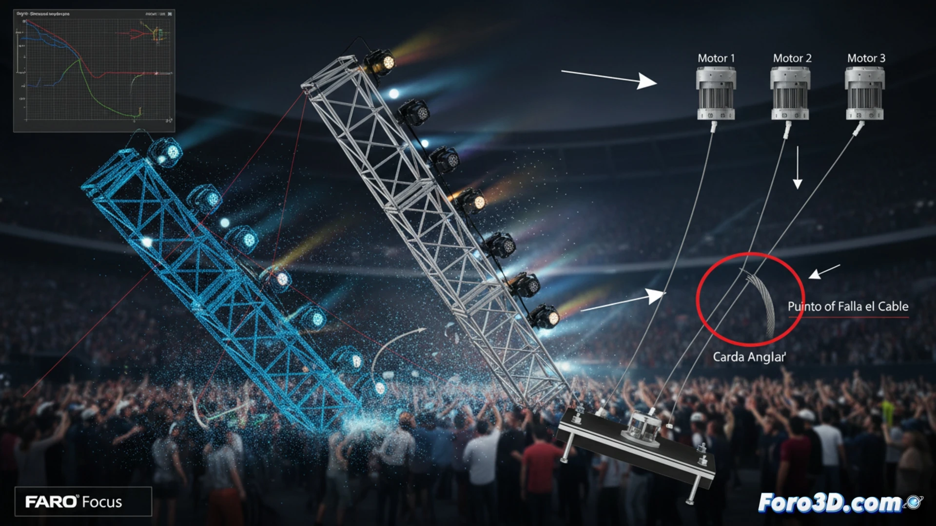 Reconstrucción forense 3D de torre colapsada con escaneo láser y simulación FEA de cables de acero