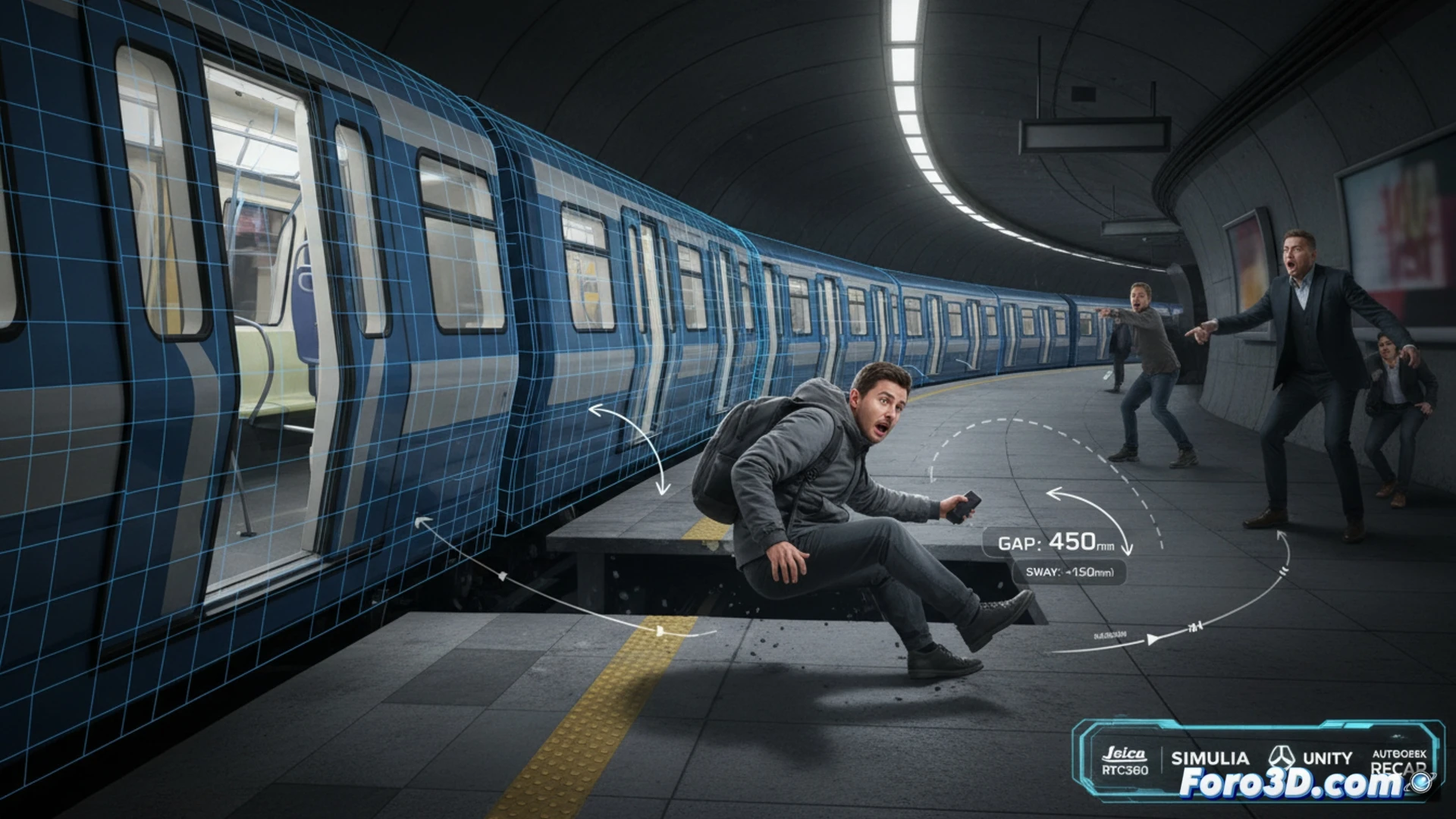 Reconstruccion 3D forense de hueco en anden de metro con escaneo LiDAR y simulacion dinamica