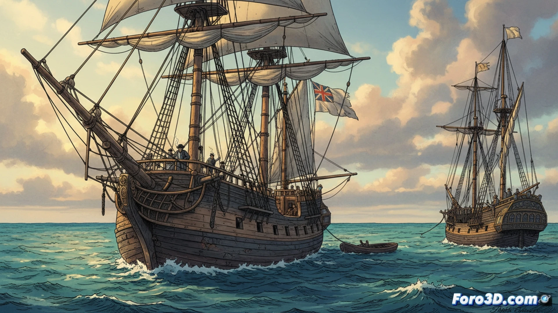 Modelo 3D forense del bergantín Mary Celeste, mostrando su cubierta vacía y detalles clave del estado de abandono.