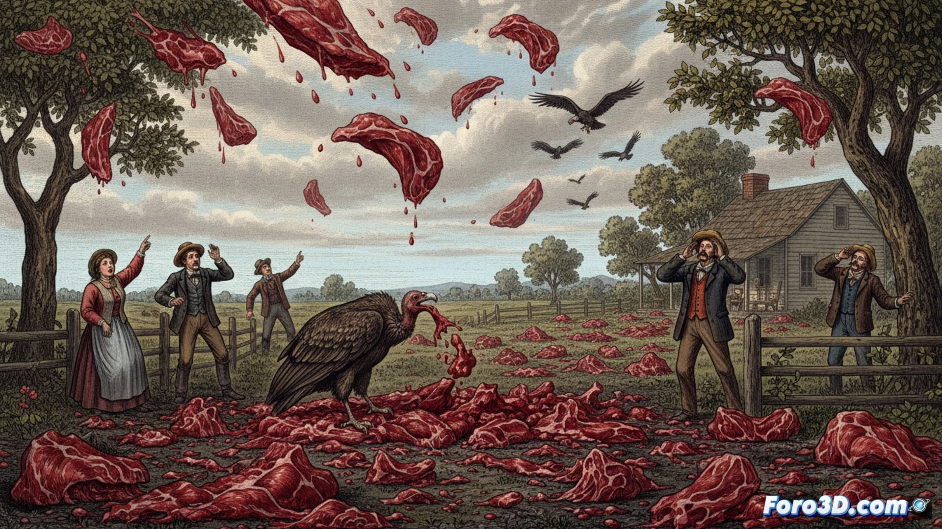 Reconstrucción 3D de un campo con fragmentos de carne cayendo del cielo sobre un área delimitada, vista aérea.