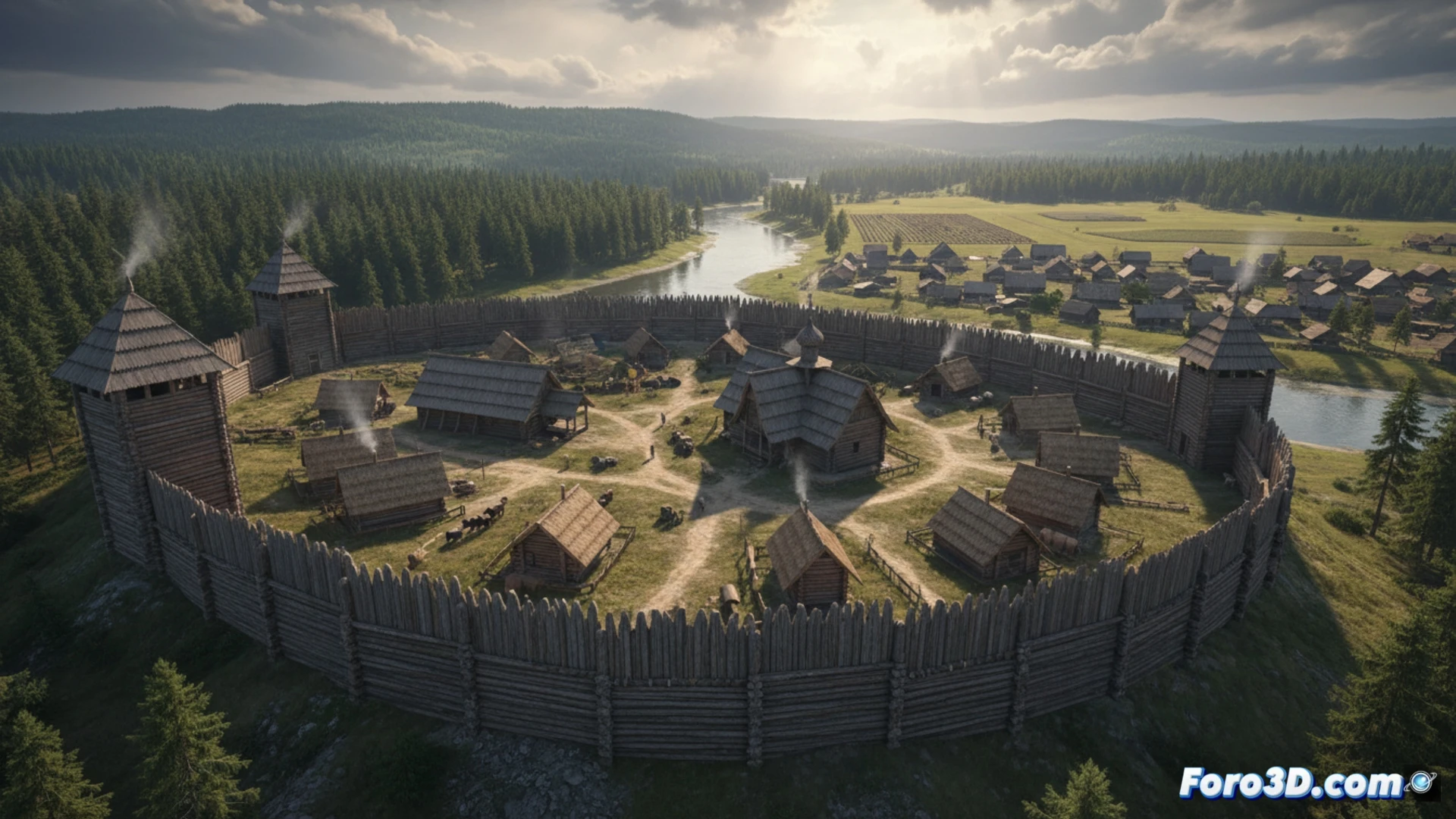 Reconstrucción digital 3D de una fortaleza de madera y asentamiento de la Rus de Kiev, basada en datos arqueológicos.