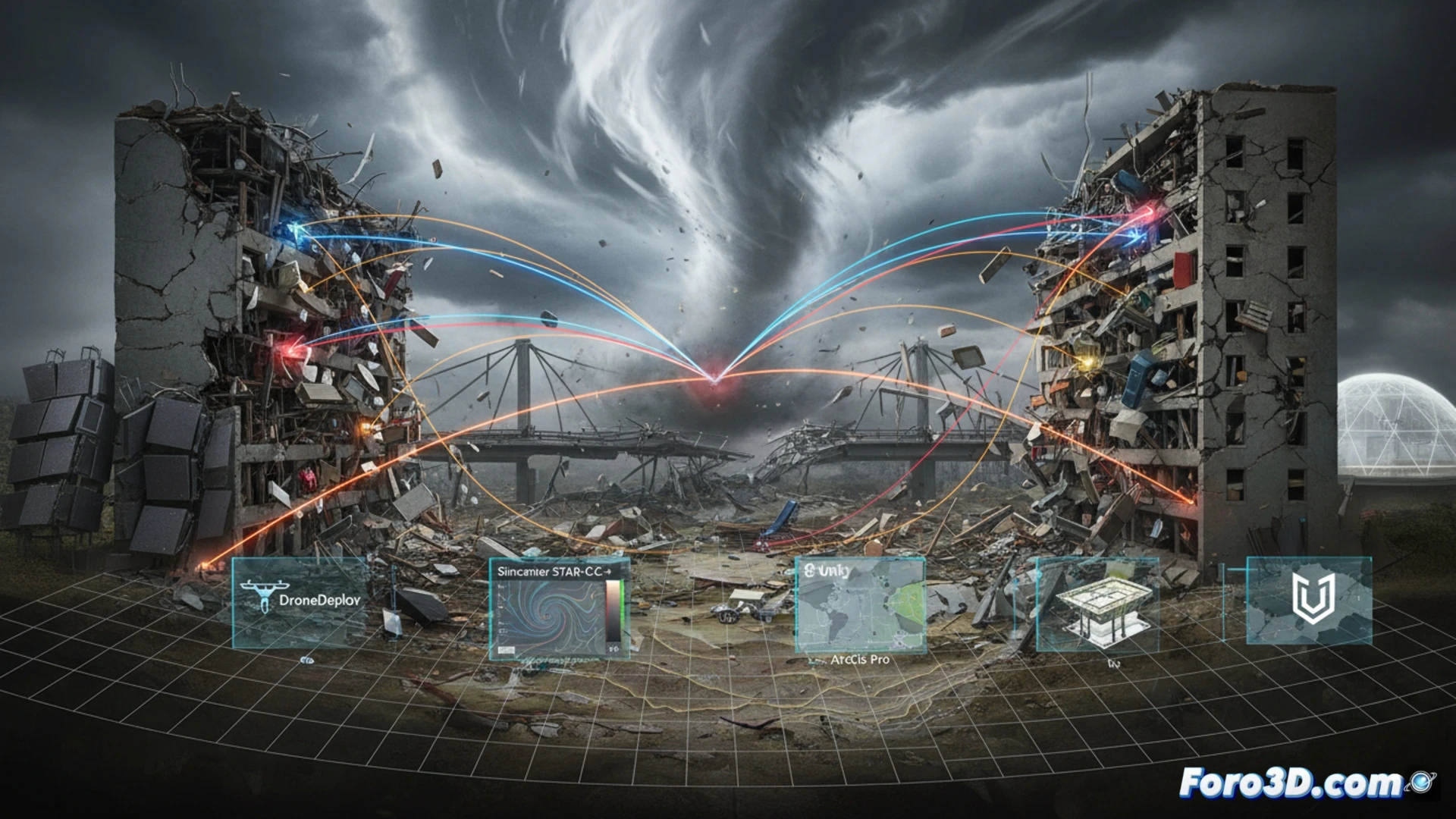 Reconstrucción 3D de una vivienda dañada con trayectorias simuladas de escombros volando a su alrededor.