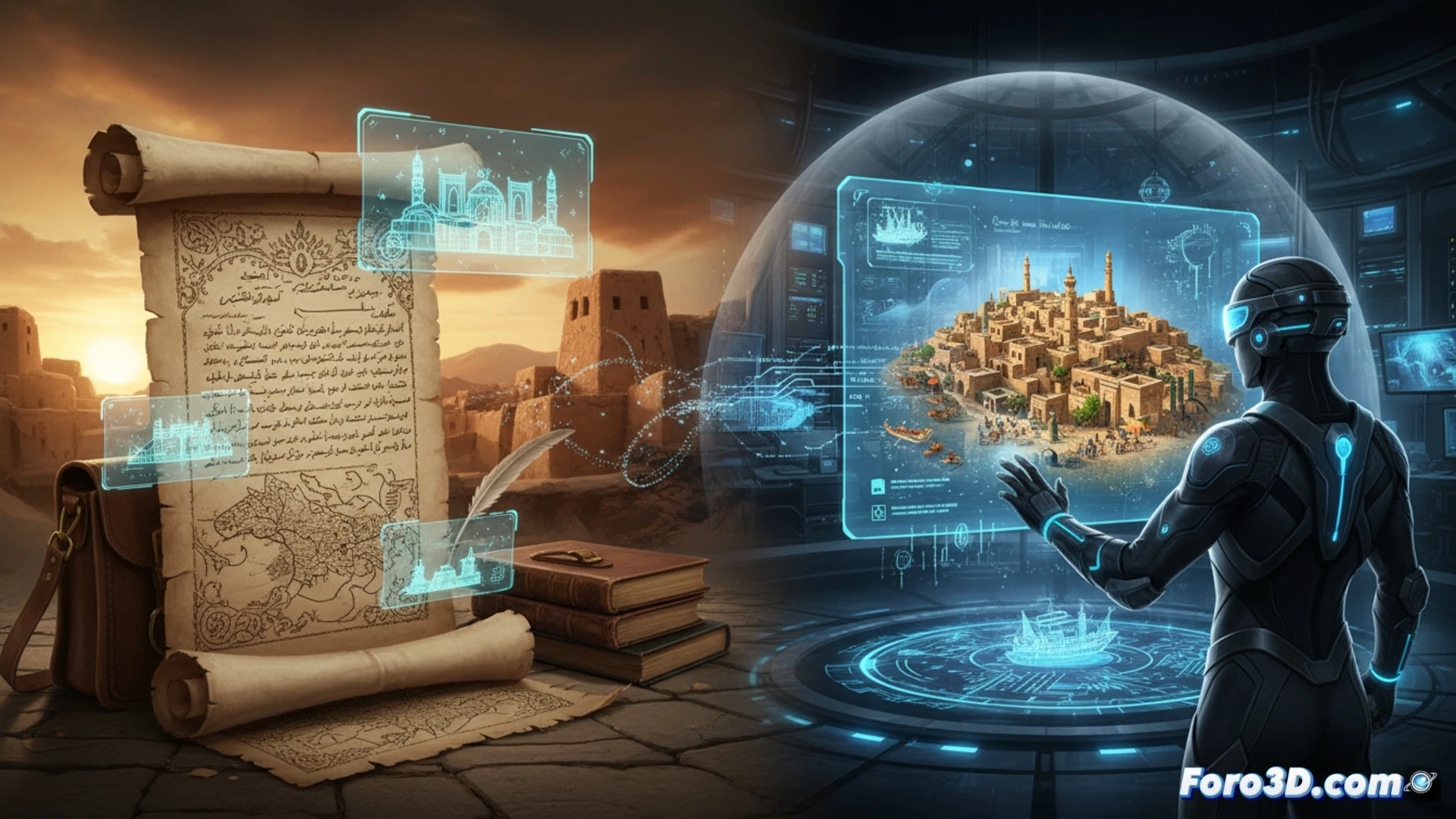 Reconstruccion digital 3D de una ciudad medieval descrita por Ibn Battuta, mostrando arquitectura y entorno.