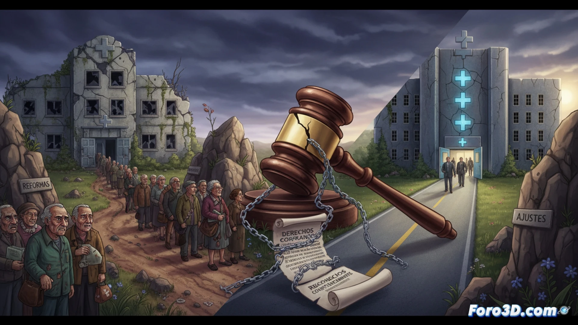 Una mujer mayor frente a un hospital cerrado, con un mapa de España mostrando desigualdades territoriales en el fondo.