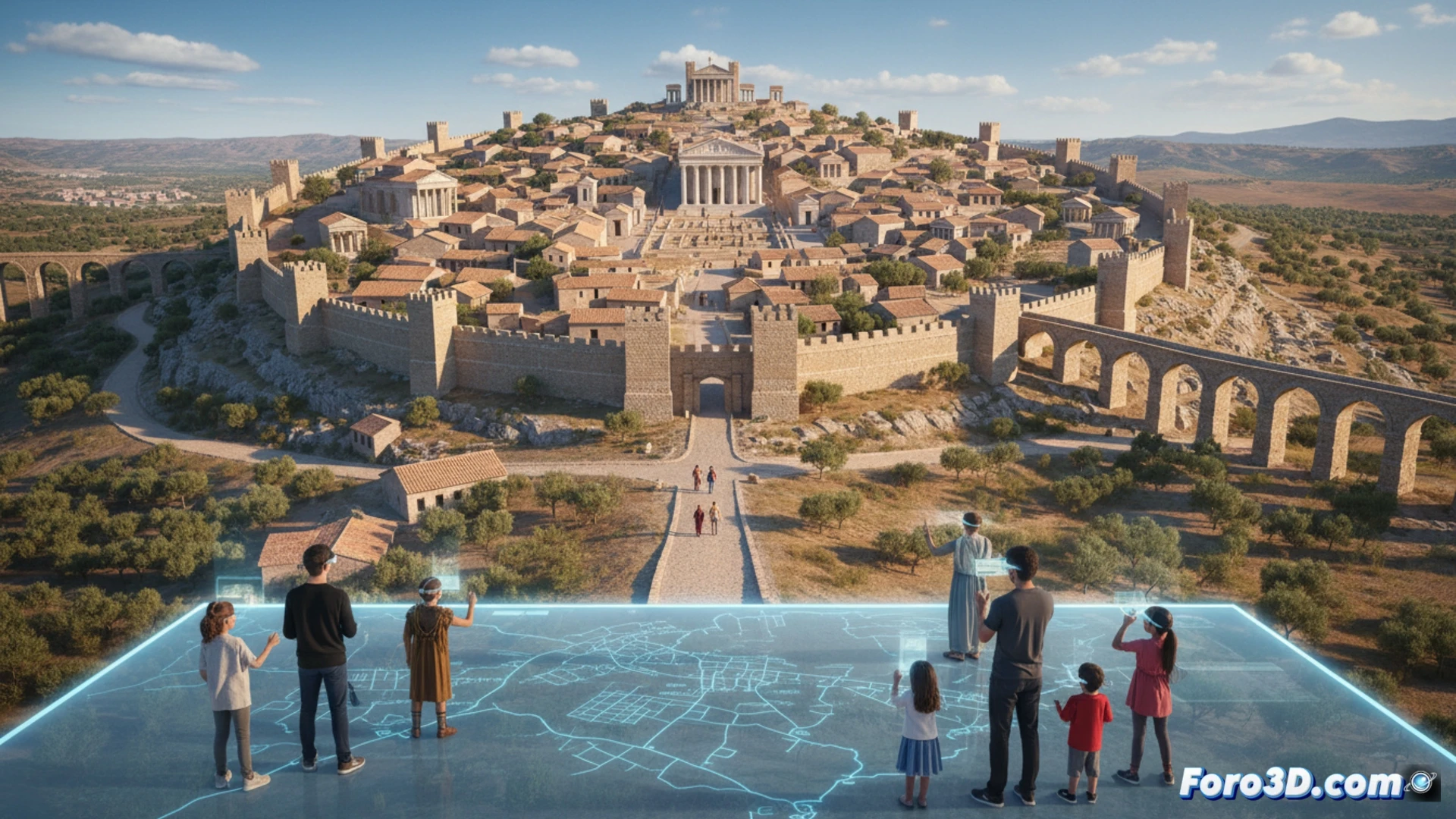 Una recreación digital en 3D de la ciudad romana de Norba Caesarina, mostrando su estructura bajo el actual Cáceres.