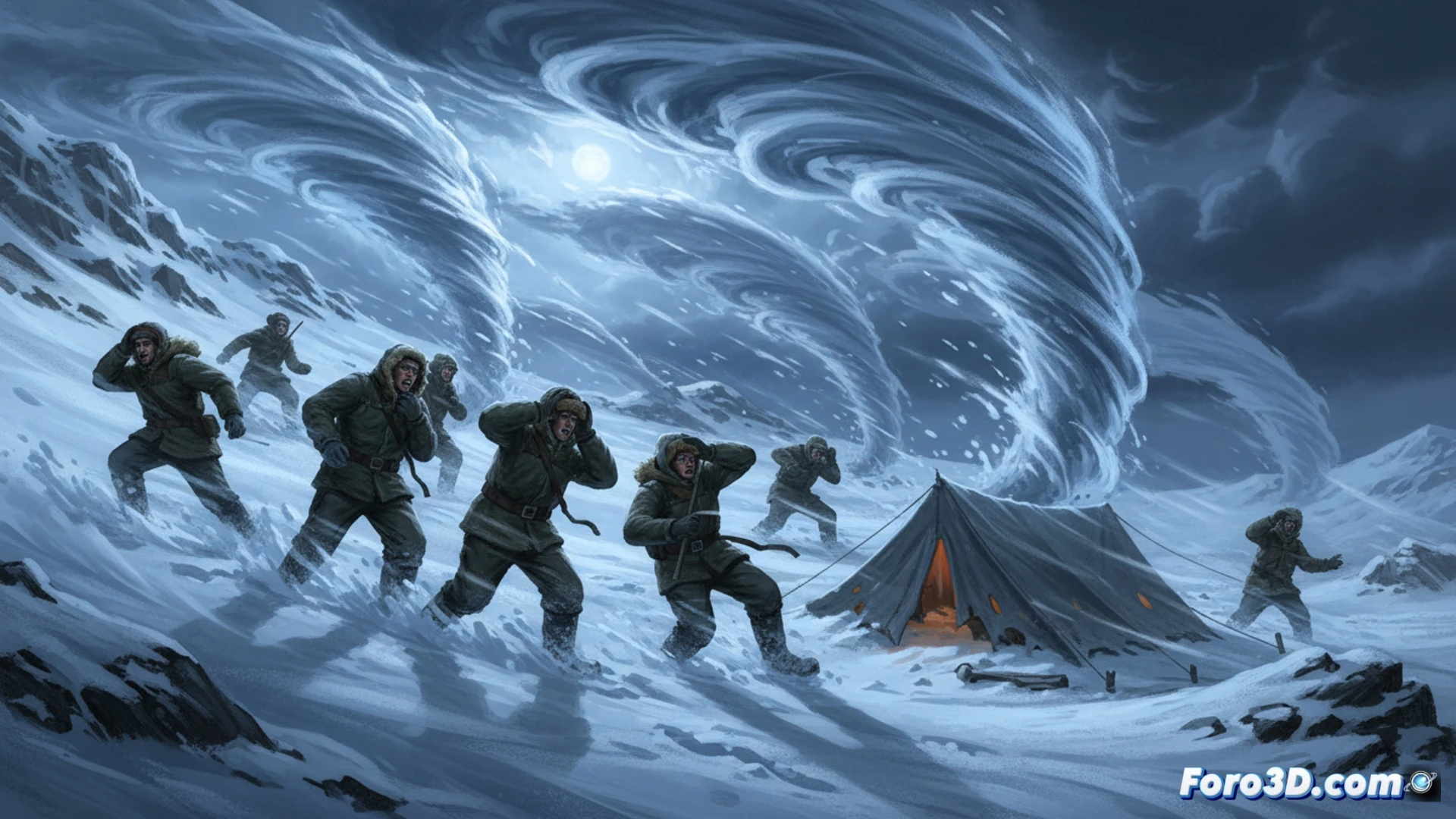 Reconstrucción 3D de la ladera Kholat Syakhl simulando la dinámica de vientos catabáticos extremos sobre el campamento.