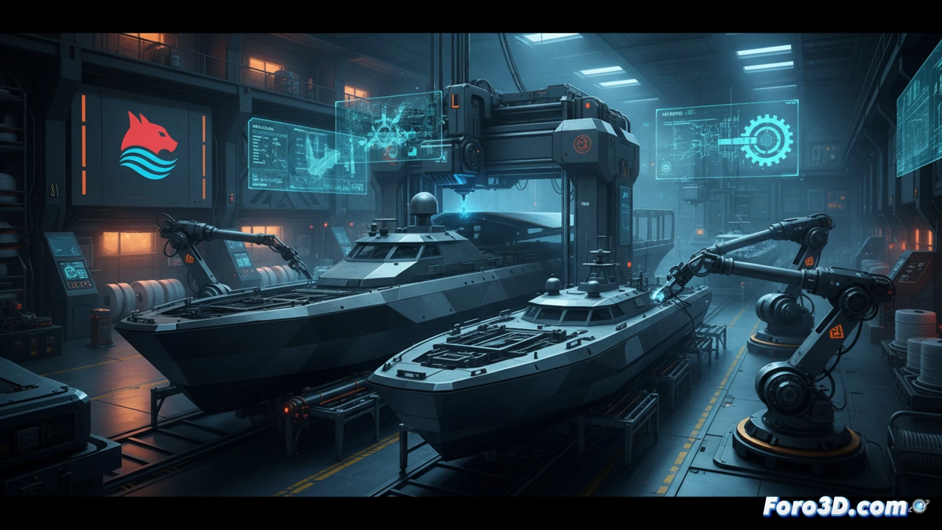 Una microfactoría con impresoras 3D fabricando drones navales, supervisada por paneles de IA.