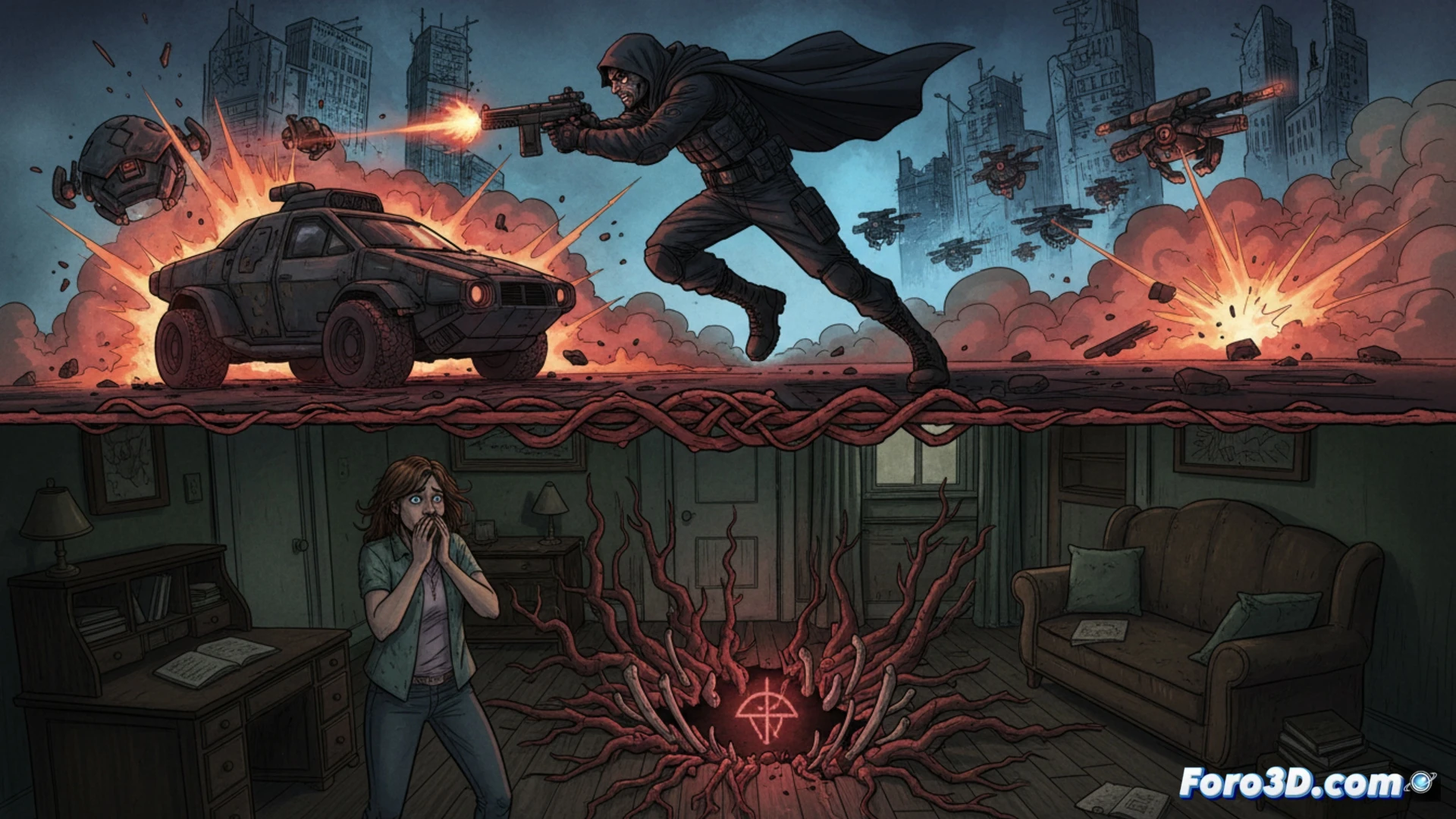 Una viñeta dividida: un soldado encapuchado con explosivos y una profesora junto a un sótano abierto y oscuro.