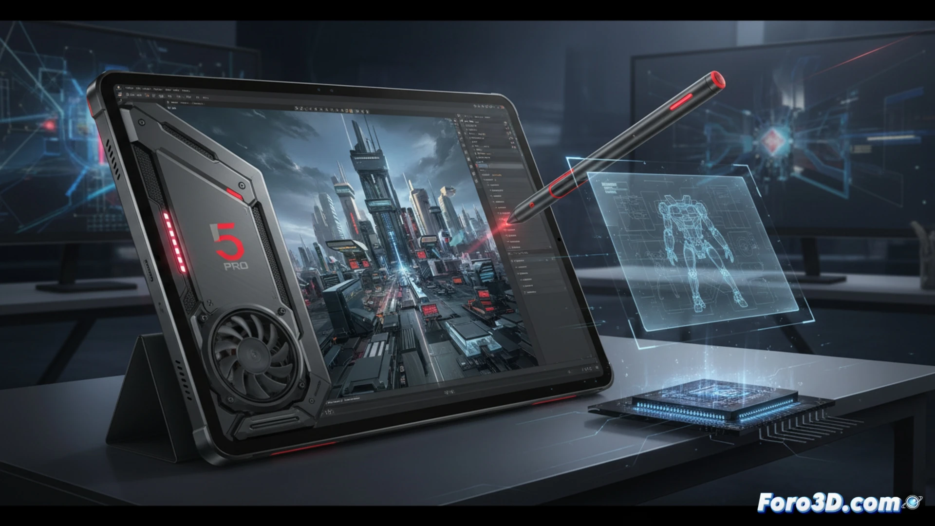 La RedMagic Gaming Tablet 5 Pro sobre una mesa, con un modelo 3D complejo renderizándose en su pantalla.