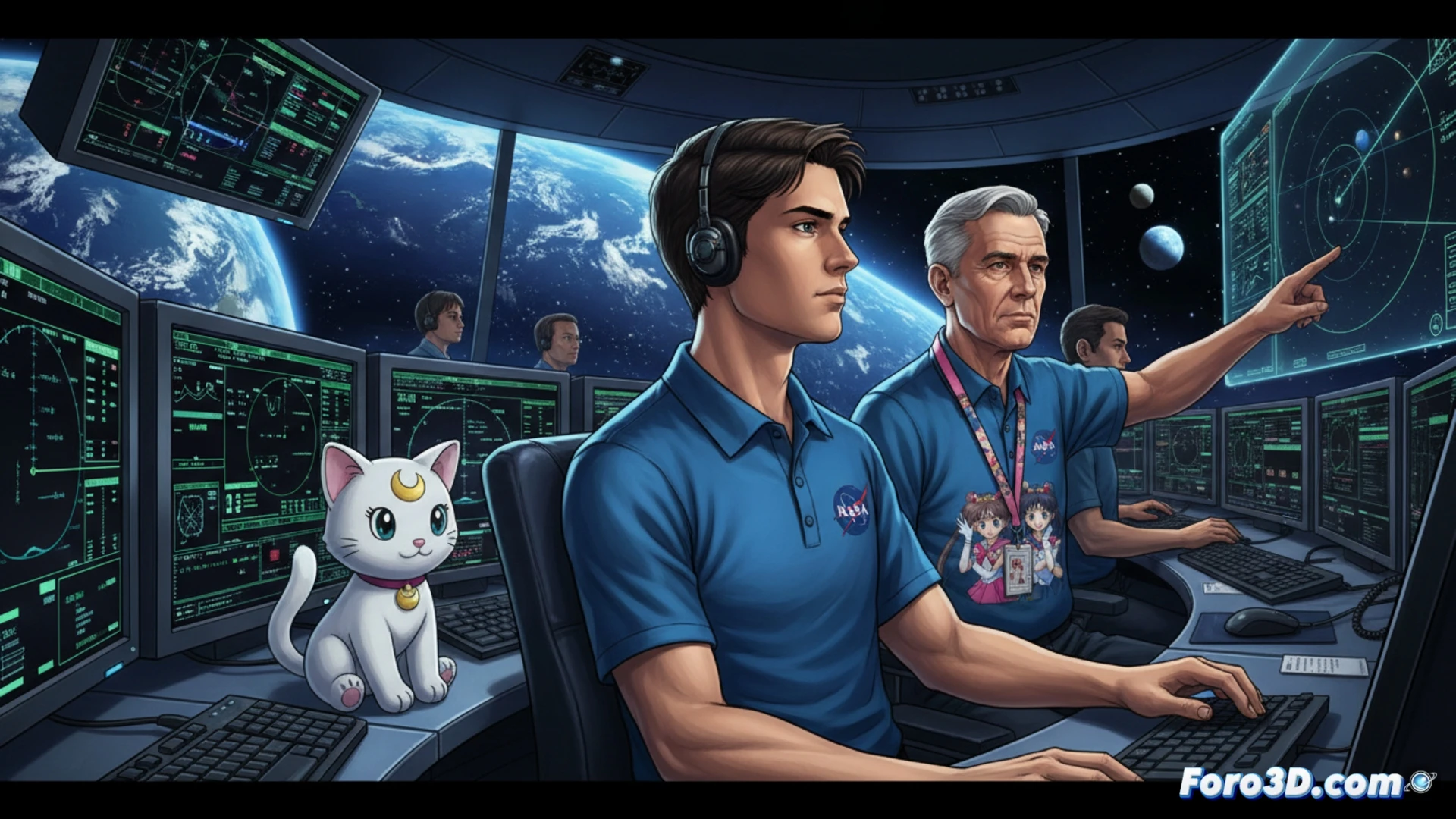 Imagen del control de misión de Artemis II con un peluche del gato Artemis y un lanyard de Sailor Moon.