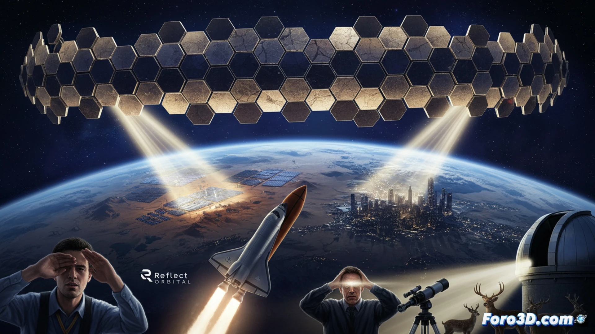 Un satélite con grandes paneles reflectantes iluminando una planta solar durante la noche.