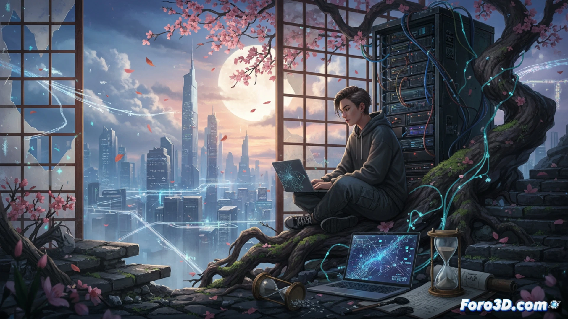 Un desarrollador reflexiona ante un código en pantalla, con un antiguo manuscrito japonés y una taza de té sobre el escritorio.