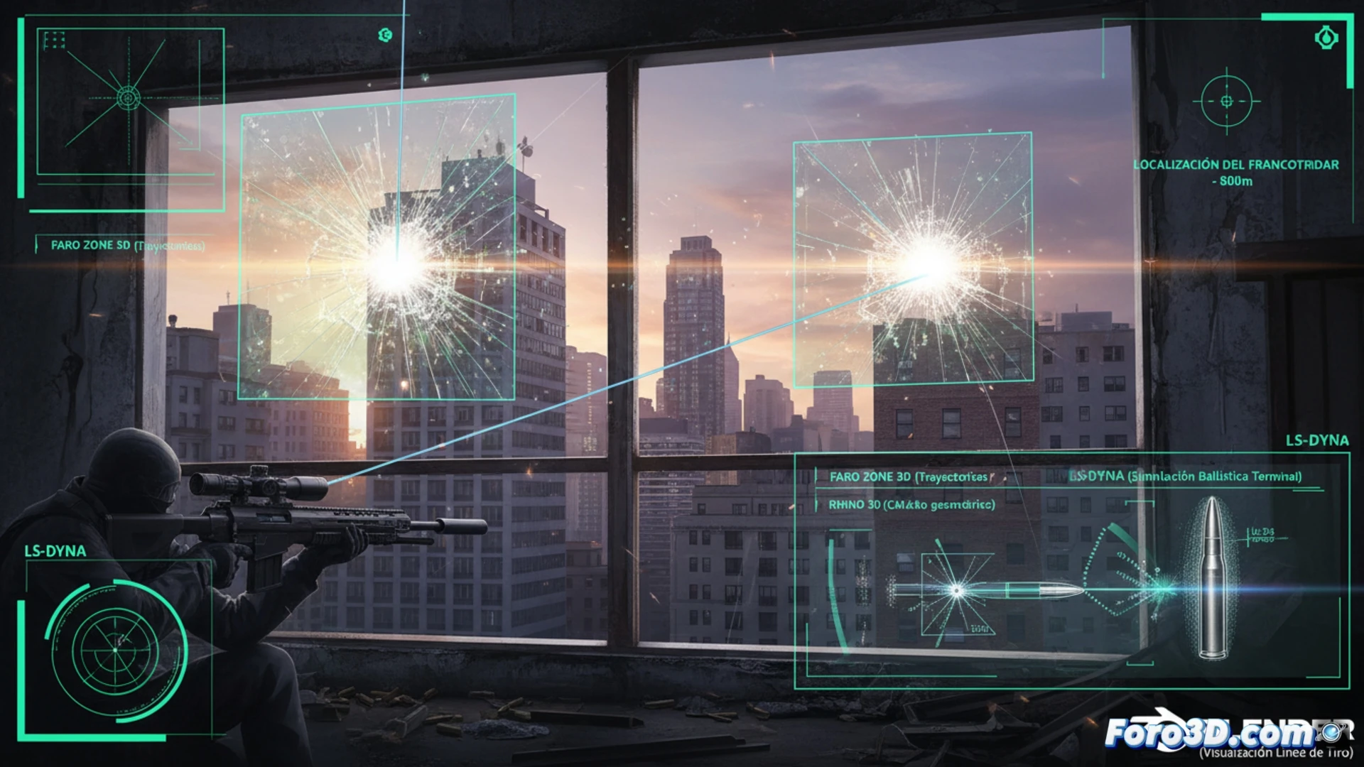 Simulación 3D de refracción balística en vidrio templado inclinado con trayectoria virtual y corrección milimétrica