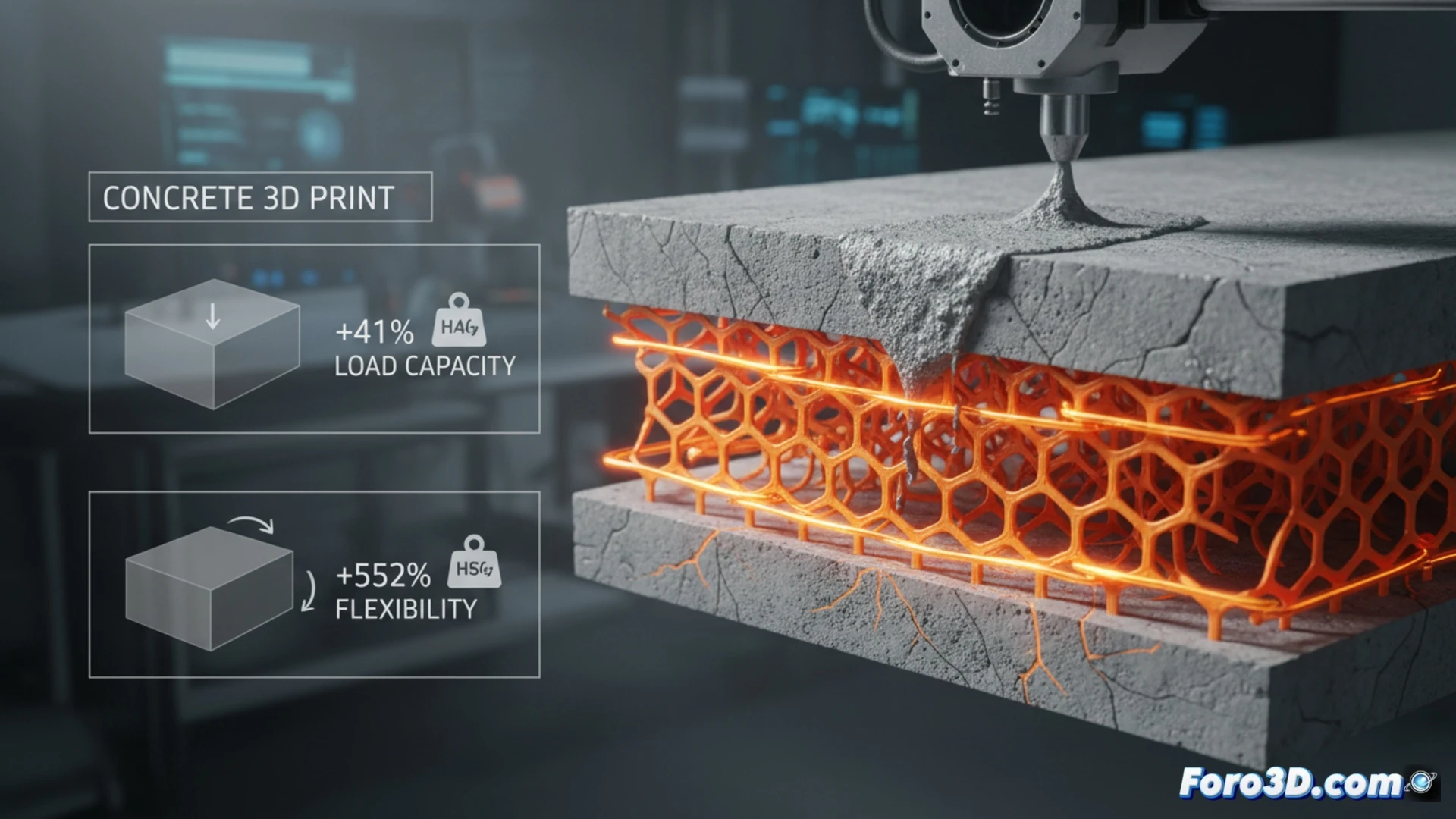 Un brazo robótico extruye hormigón sobre una malla polimérica, creando una estructura en capas con refuerzo interno.
