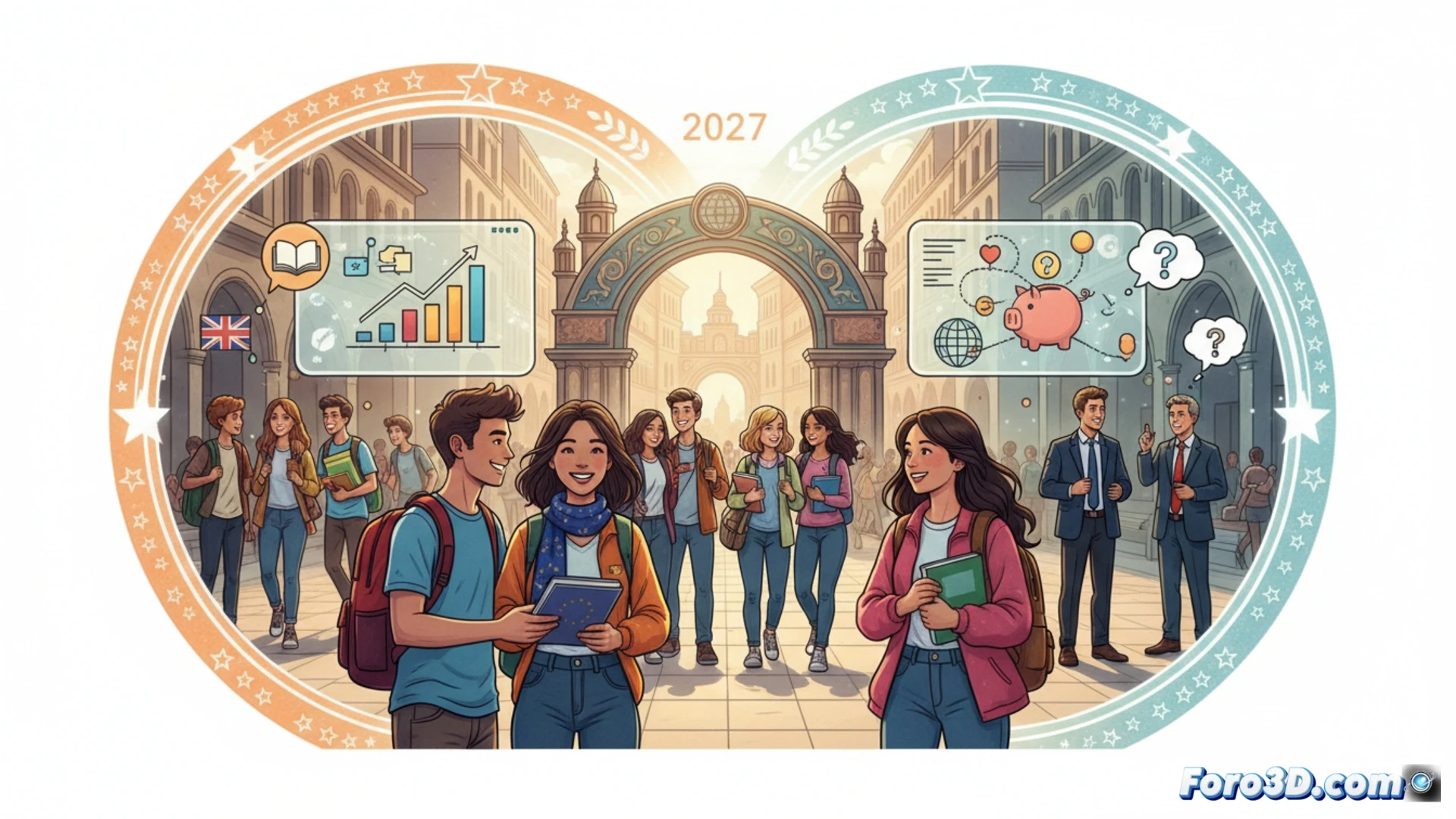 Estudiantes celebran con banderas del Reino Unido y la UE frente a una universidad histórica.