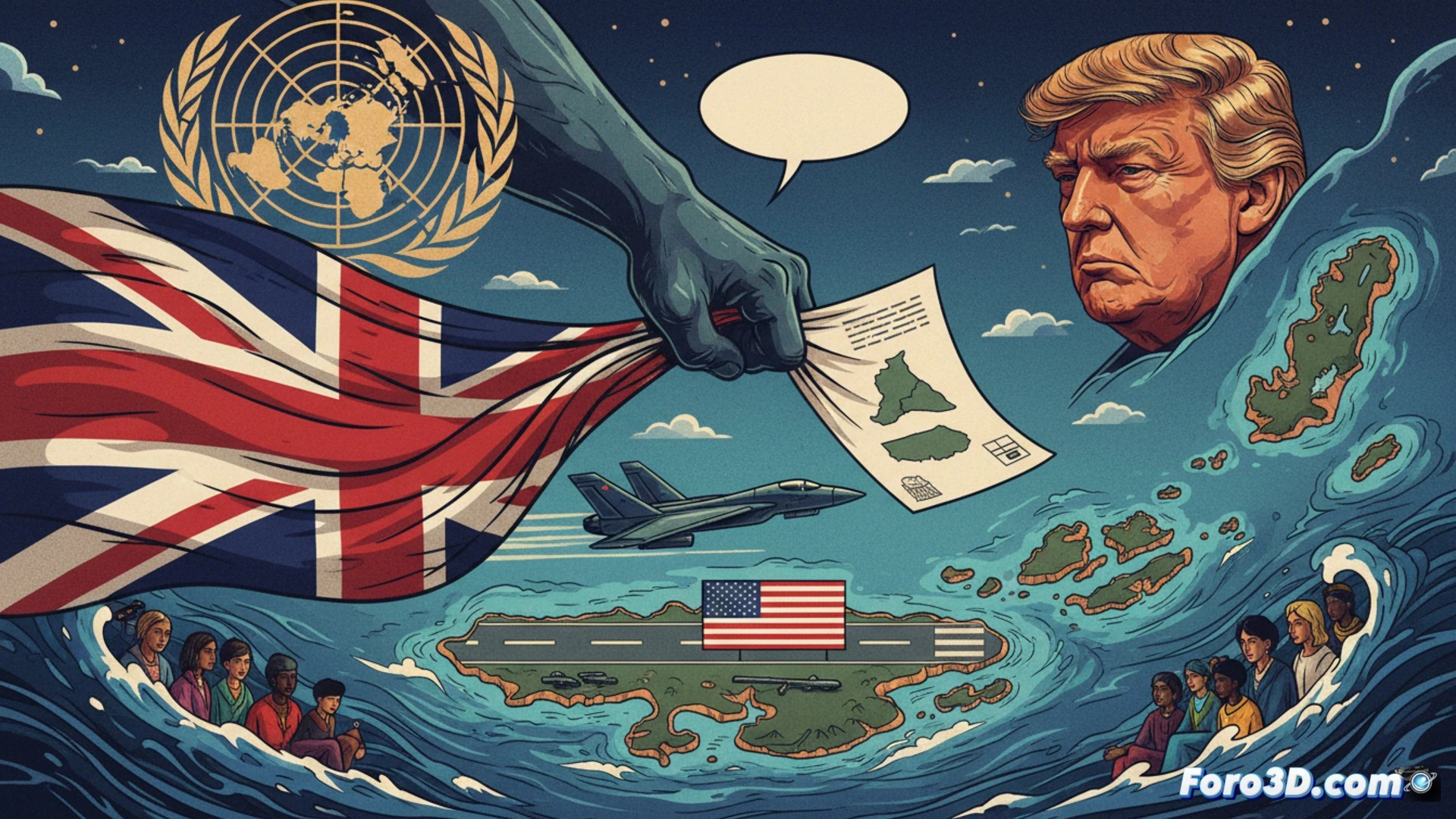 Un mapa del océano Índico con el archipiélago de Chagos resaltado en rojo, bajo la sombra de las banderas del Reino Unido y Estados Unidos.