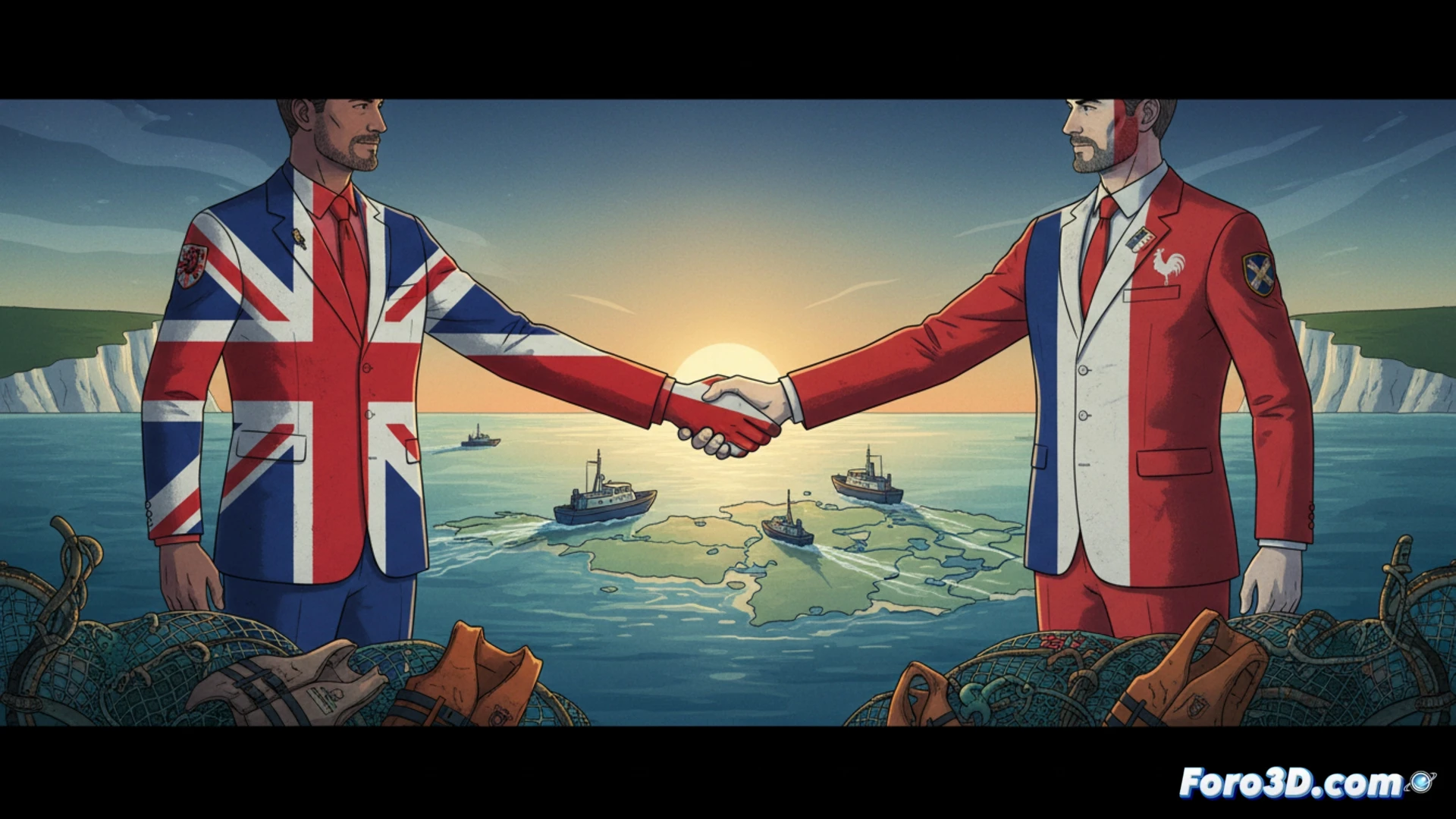 Imagen del Canal de la Mancha con barcos de patrulla británicos y franceses trabajando en conjunto.