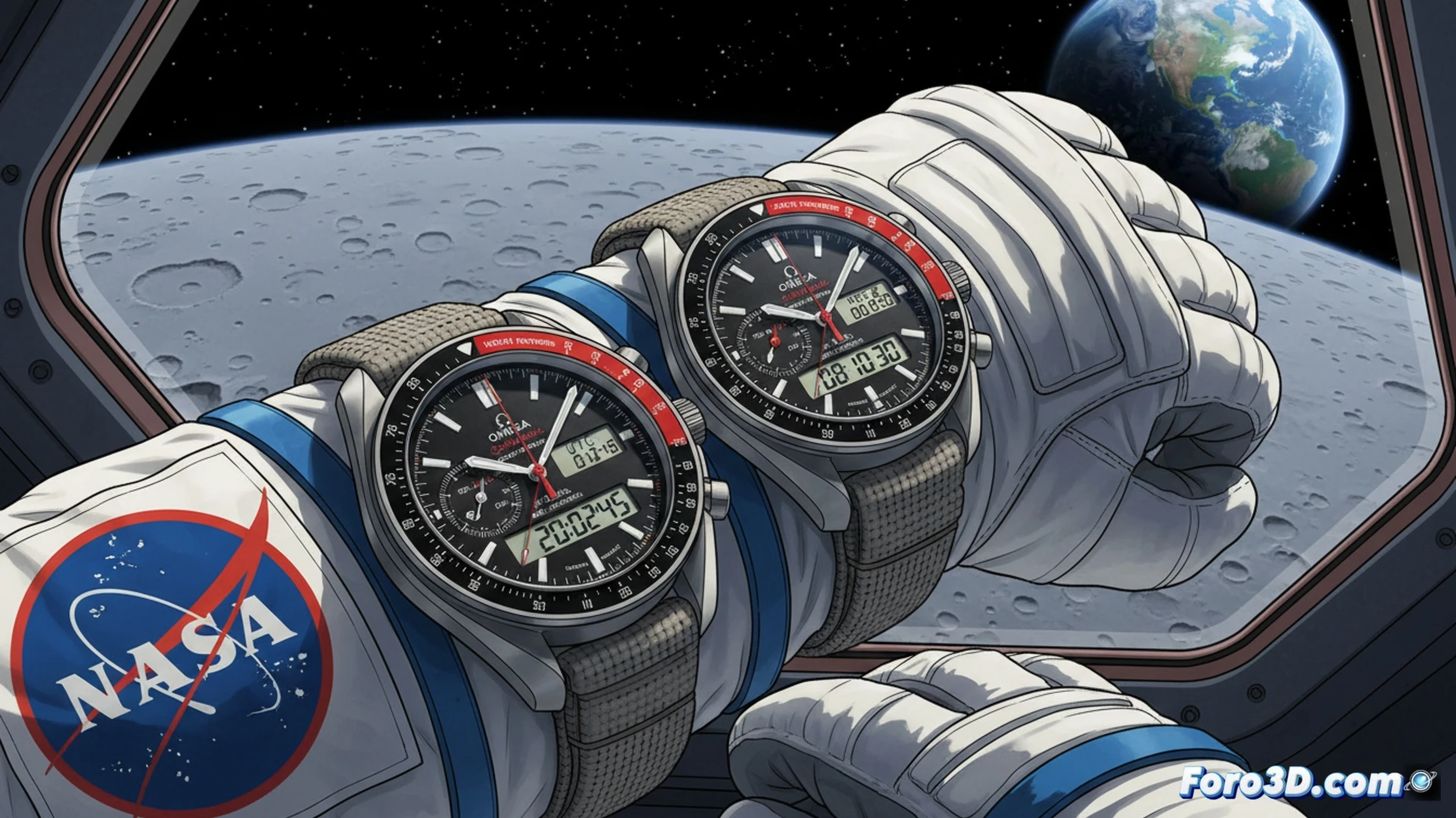 Astronauta en traje espacial sostiene un reloj Omega Speedmaster X-33, con cronógrafo y alertas críticas para Artemis II.