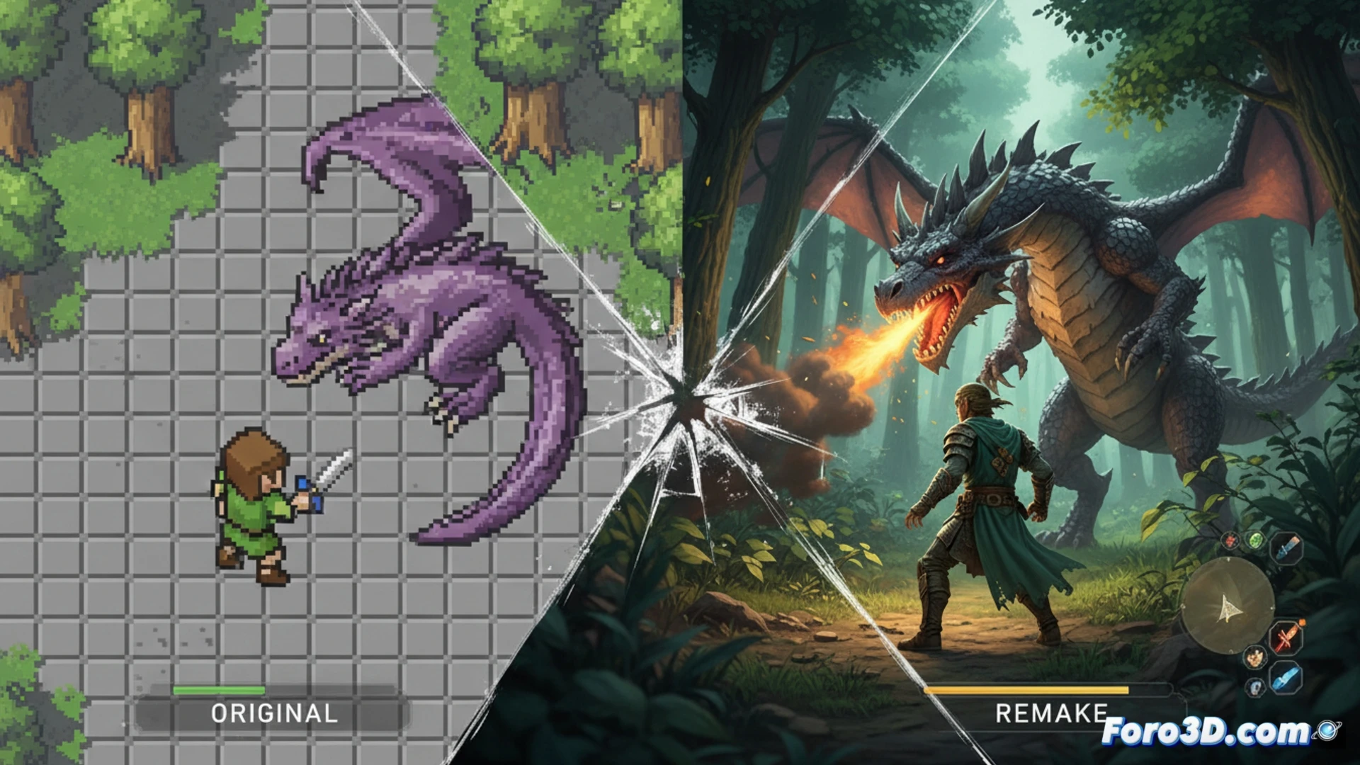 Un cartel de videojuego clásico se desvanece, revelando detrás una fila de cajas idénticas en 4K, entre luces de neón y sombras de dudas creativas.