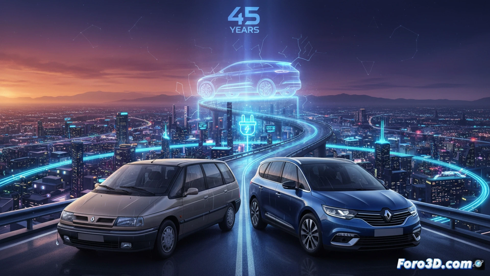 Un monovolumen gris perla en un túnel oscuro, con un cable de carga eléctrica iluminando su silueta.