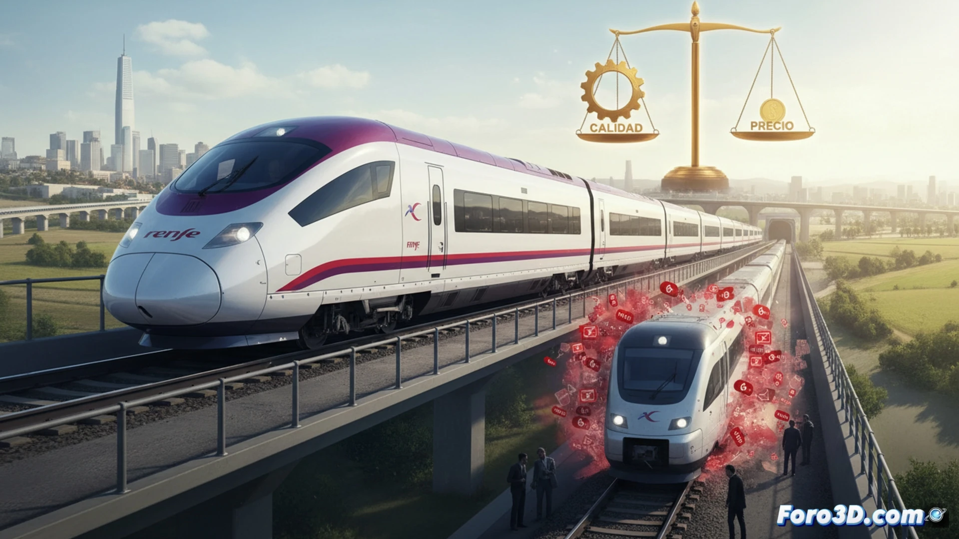 Un moderno tren AVE rojo y plateado avanza veloz sobre raíles al atardecer, simbolizando fiabilidad y renovación ferroviaria.