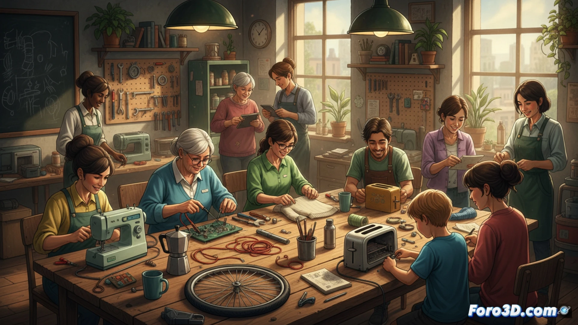 Un taller comunitario donde voluntarios reparan electrodomésticos y objetos junto a sus dueños, fomentando la sostenibilidad y el aprendizaje colectivo.