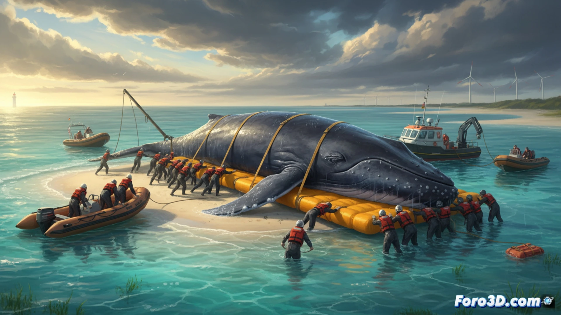 Una ballena jorobada es movida con cuidado mediante colchones inflables especiales en una operación de rescate en el mar Báltico.