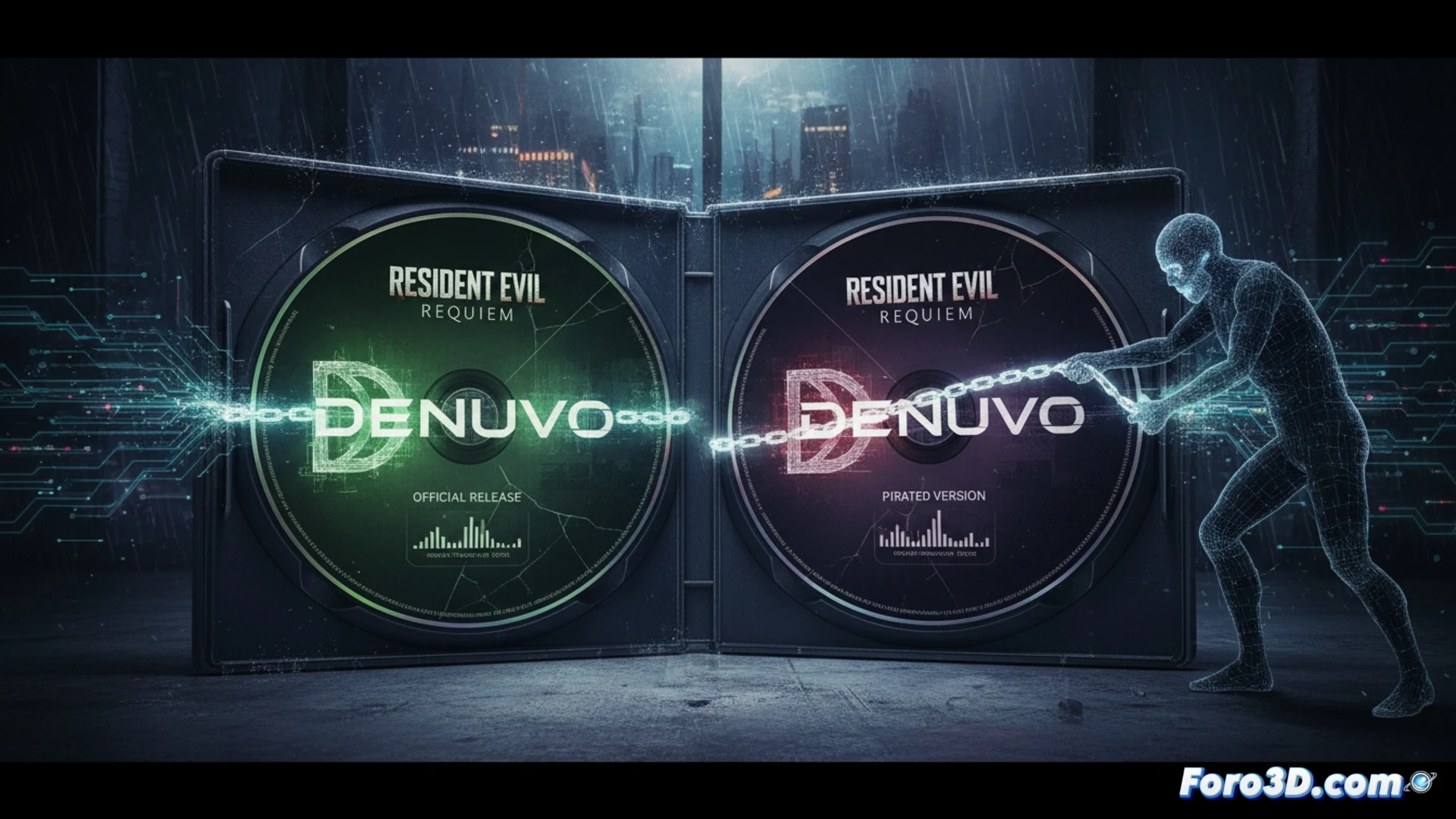 Una copia pirateada de Resident Evil Requiem ejecutándose con bajos FPS, junto a un mensaje de error de Denuvo en segundo plano.