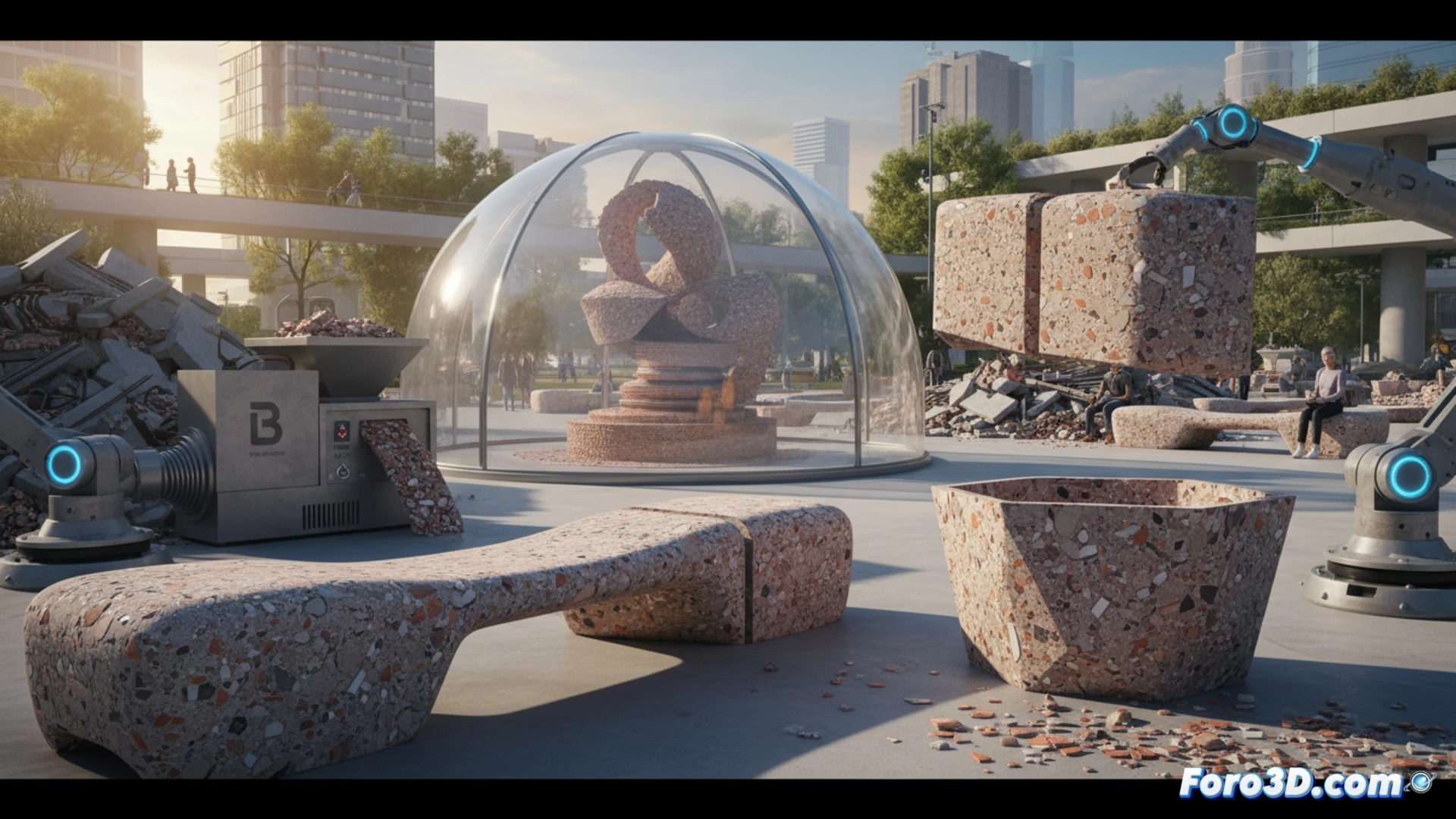 Residuos de obra se convierten en mobiliario urbano impreso en 3D