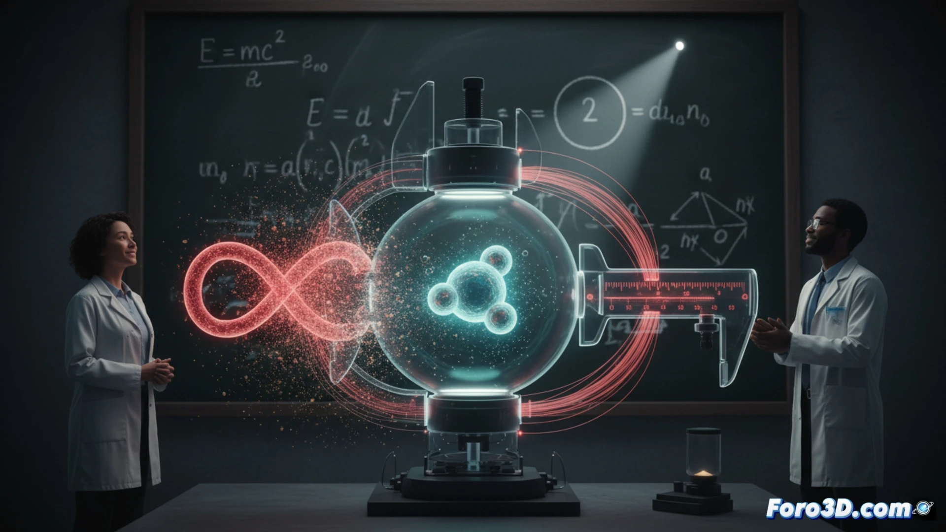Representación 3D de un protón con su radio cuántico resaltado, superpuesto a gráficos de datos experimentales convergentes.
