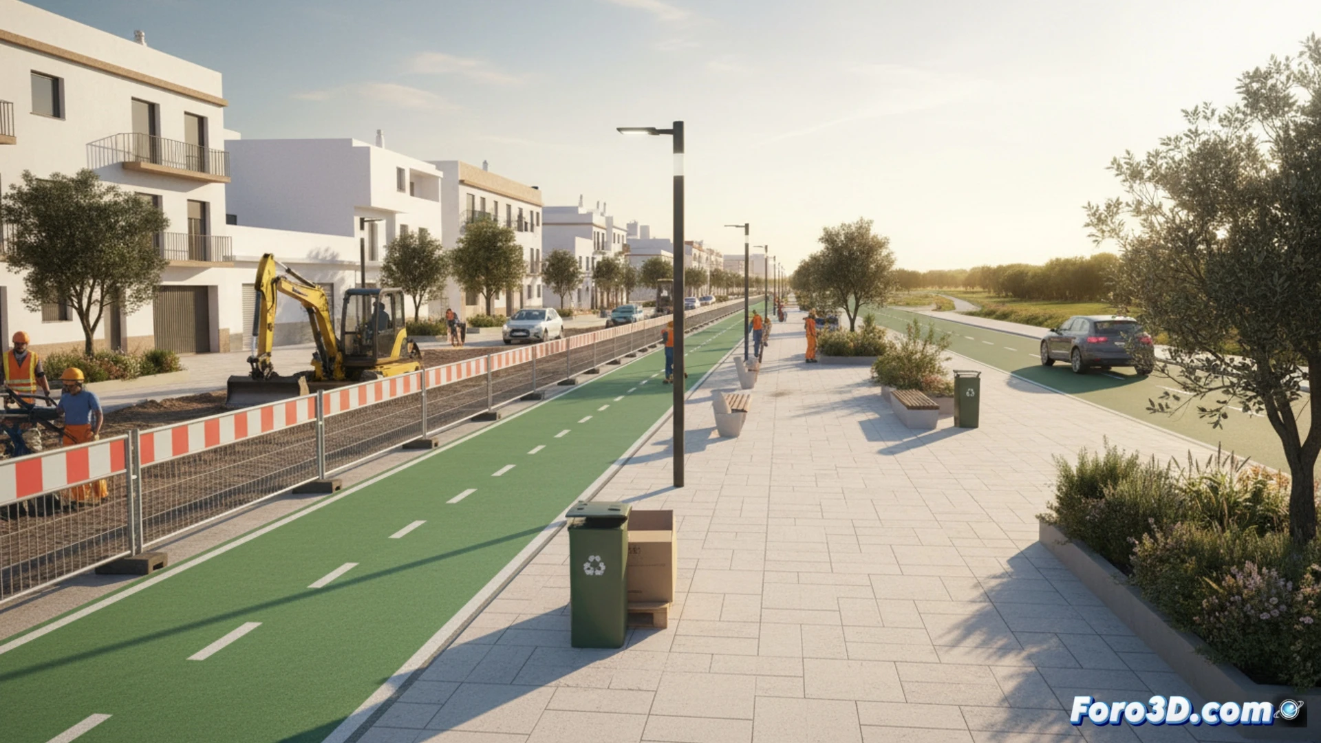 Descripción detallada para imagen (80-120 caracteres):  
Vista de la avenida Marjaletes en obras, con carril bici ampliado, zonas peatonales renovadas, nueva iluminación y vegetación que conecta con la Vía Verde.