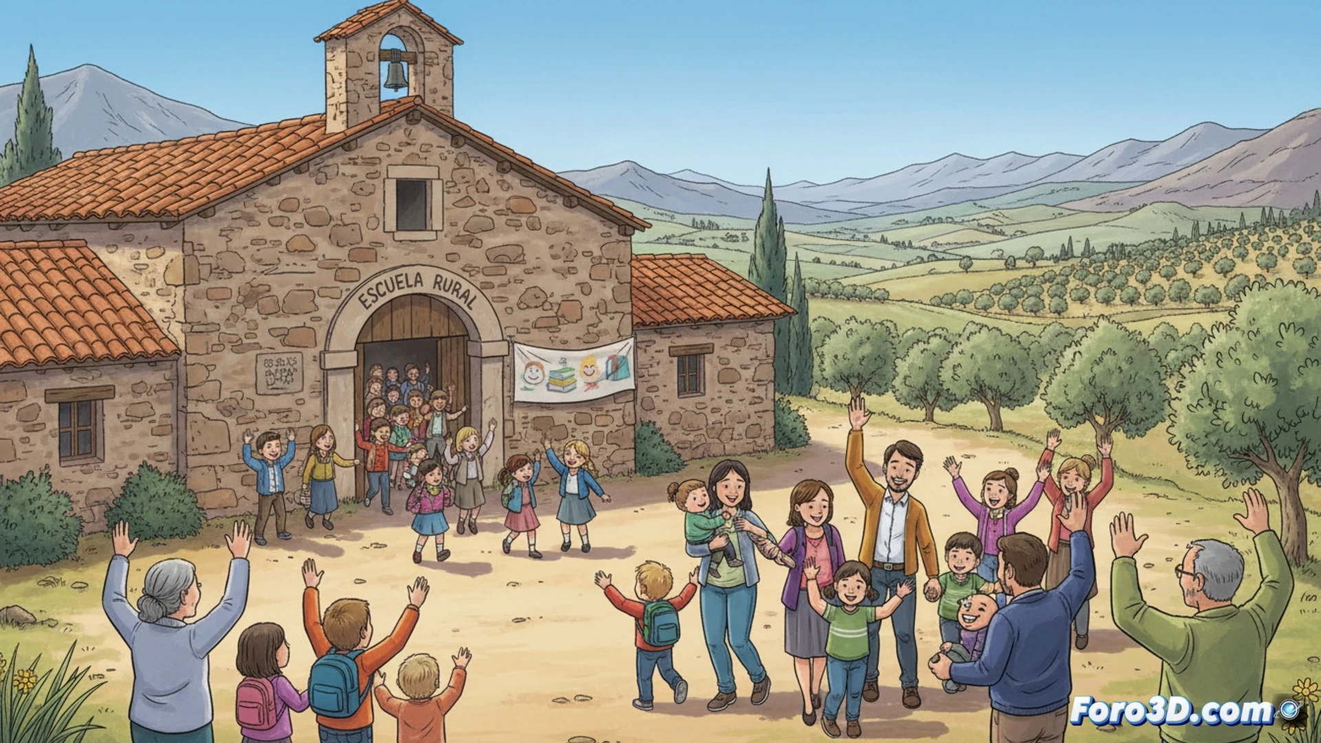 Maqueta 3D de la escuela de Alloza, rodeada de iconos digitales que simbolizan conexión y comunidad.