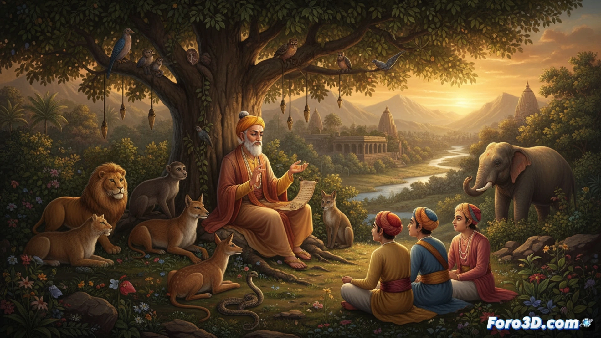 Un sabio cuervo 3D observa desde un árbol a un astuto zorro, en una escena de fábula antigua recreada digitalmente.