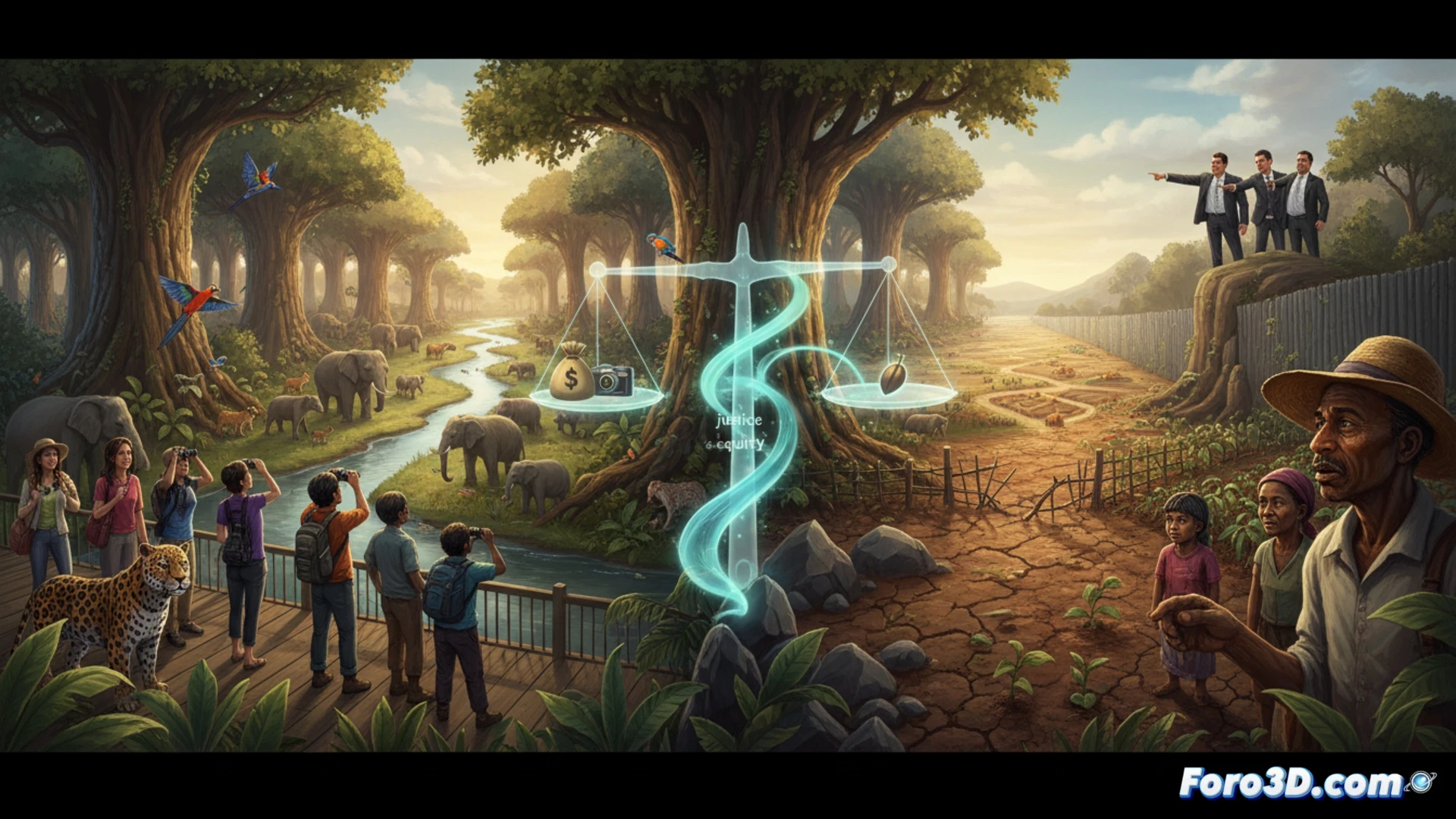 Un paisaje dividido: a la izquierda, bosque frondoso con lobos y turistas; a la derecha, campos secos con ganadero triste y vacas flacas.