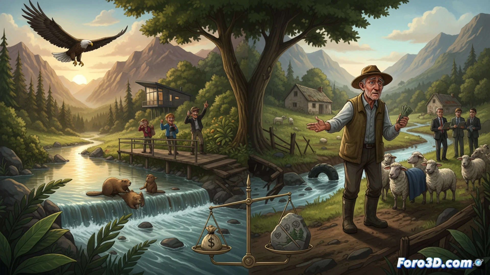 Un paisaje salvaje con un río serpenteante, árboles nativos y fauna diversa. Al fondo, una comunidad local observa desde un bosque restaurado, simbolizando justicia y equidad en el rewilding.