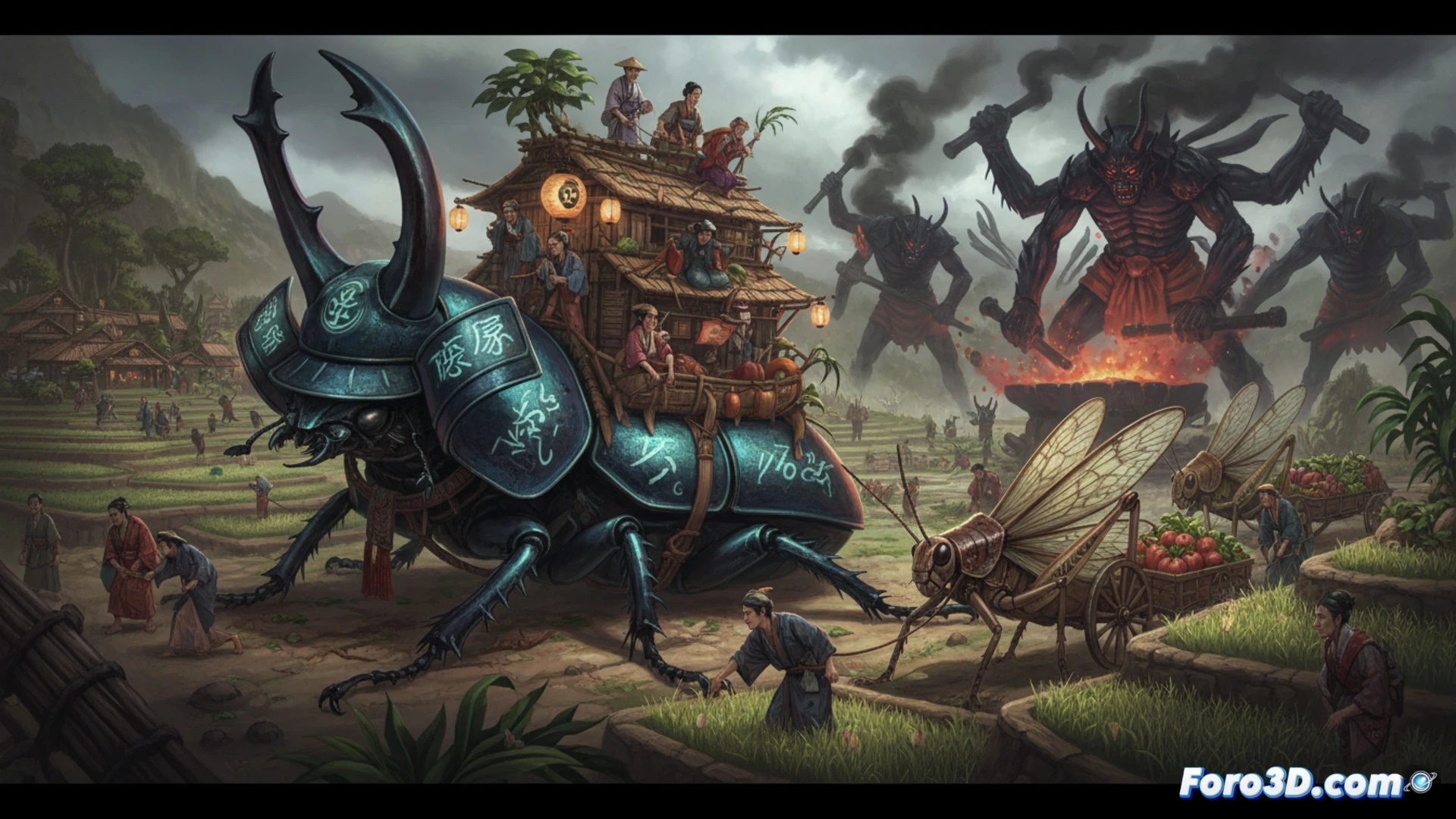 Un artista pinta insectos gigantes fusionados con figuras humanas y demonios de anime, usando óleo y tinta en un estilo folclórico y conceptual.