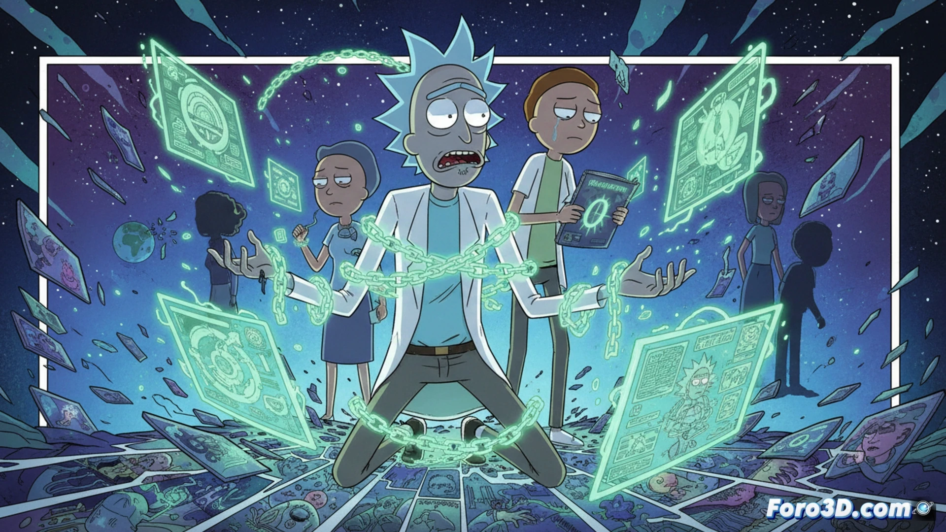 Rick y Morty enfrentan un juicio divino; Morty señala a un ser celestial que muestra un infinito tablero de conocimiento prohibido.