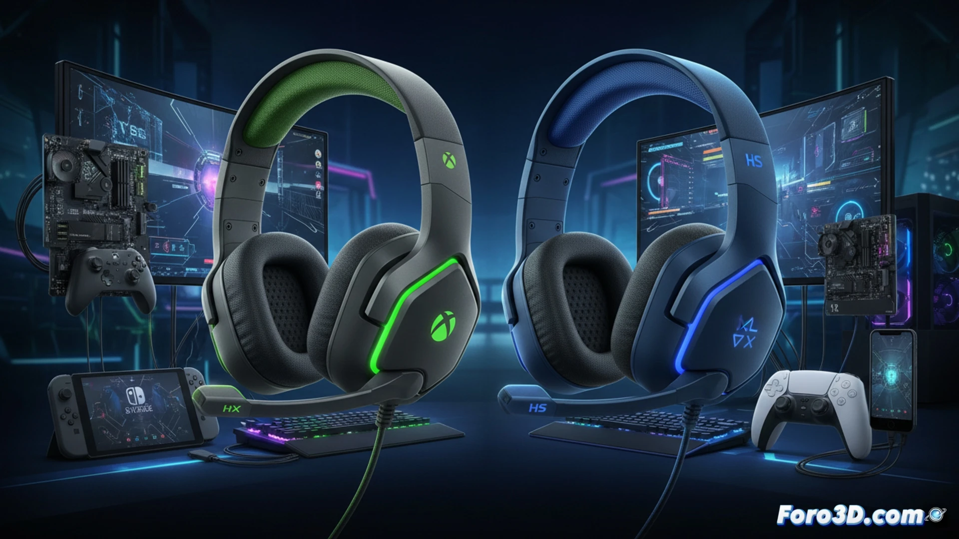 Casco gaming RIG R8 Spectre Pro en plano detalle, con luz RGB y logo, sobre fondo oscuro, cable USB y consolas Xbox y PS5 de fondo.