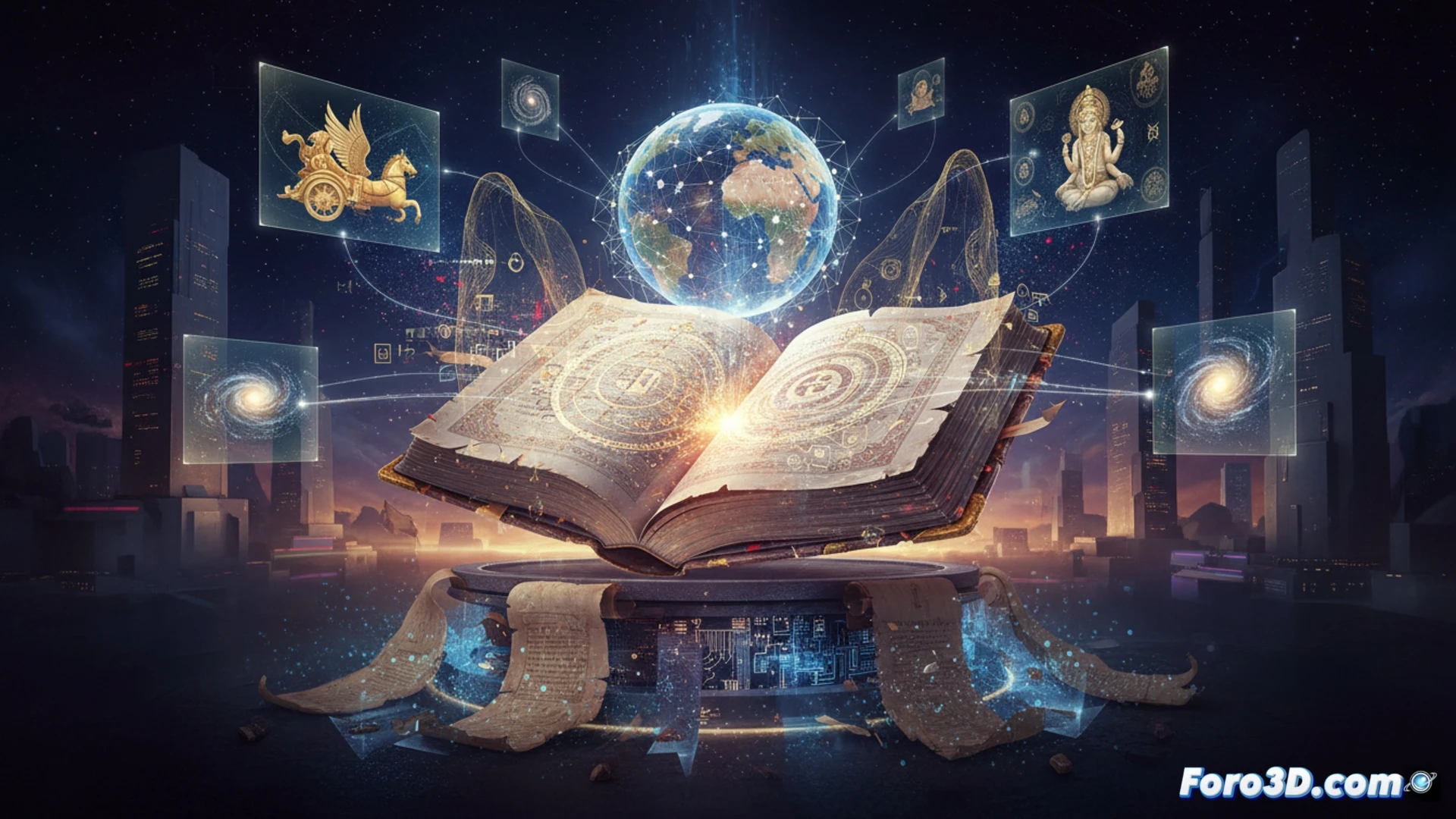 Manuscrito antiguo del Rigveda transformado en un modelo digital tridimensional detallado sobre un fondo tecnologico.