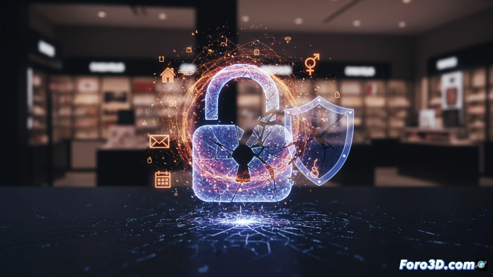 Un ordenador portátil con pantalla rota muestra el logo de Rituals, rodeado de datos personales filtrados: nombres, direcciones y correos electrónicos flotando en un fondo digital oscuro.